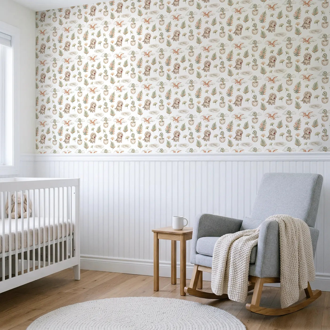 Baby Dino Yawning Watercolor wallpaper above wainscoting - Whimsy Tots