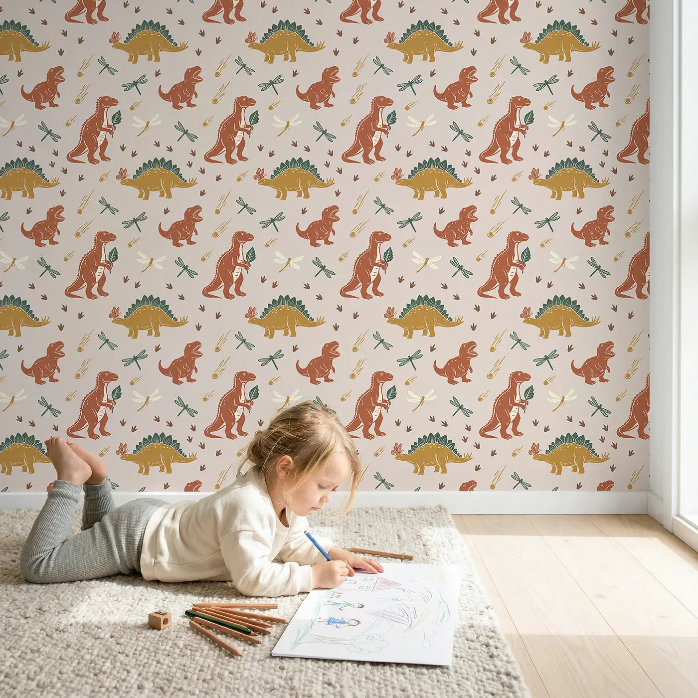 Iguanodon Standing Upright Block Print wallpaper in styled kids room - Whimsy Tots