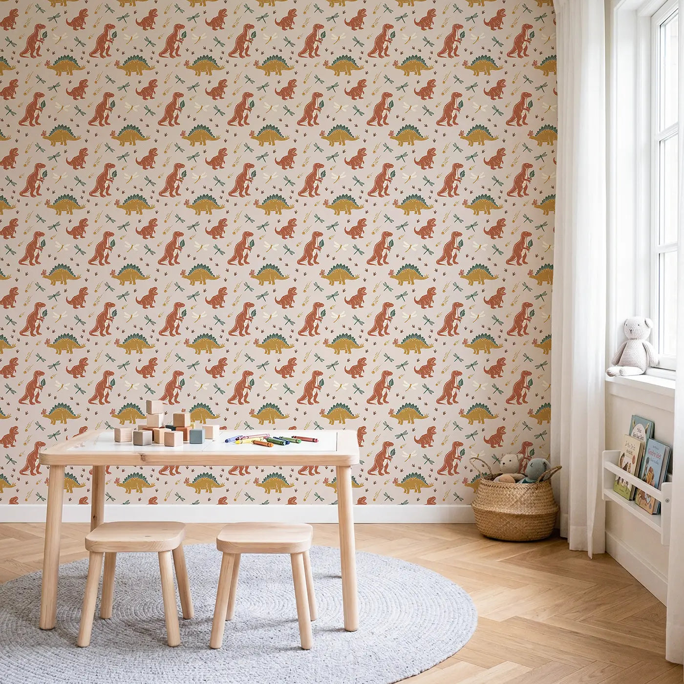 Iguanodon Standing Upright Block Print wallpaper in Scandinavian nursery - Whimsy Tots