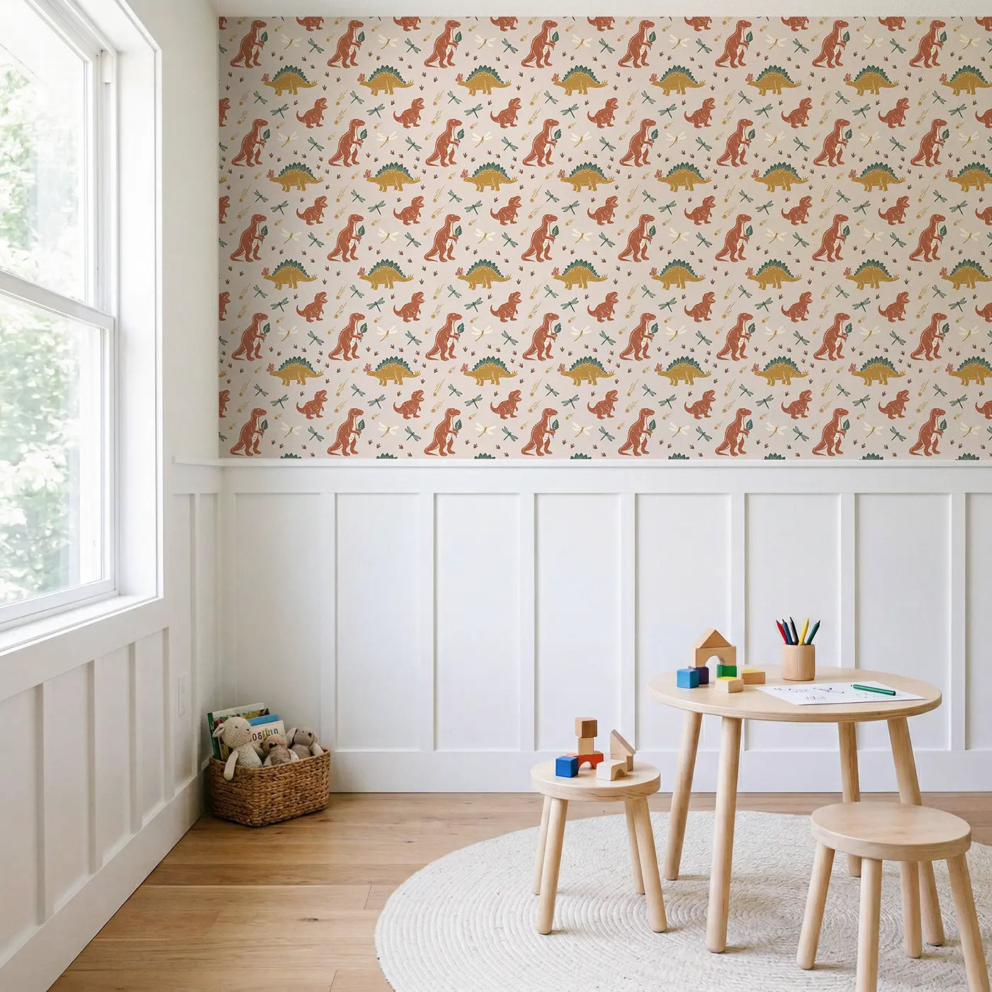 Iguanodon Standing Upright Block Print wallpaper above wainscoting - Whimsy Tots