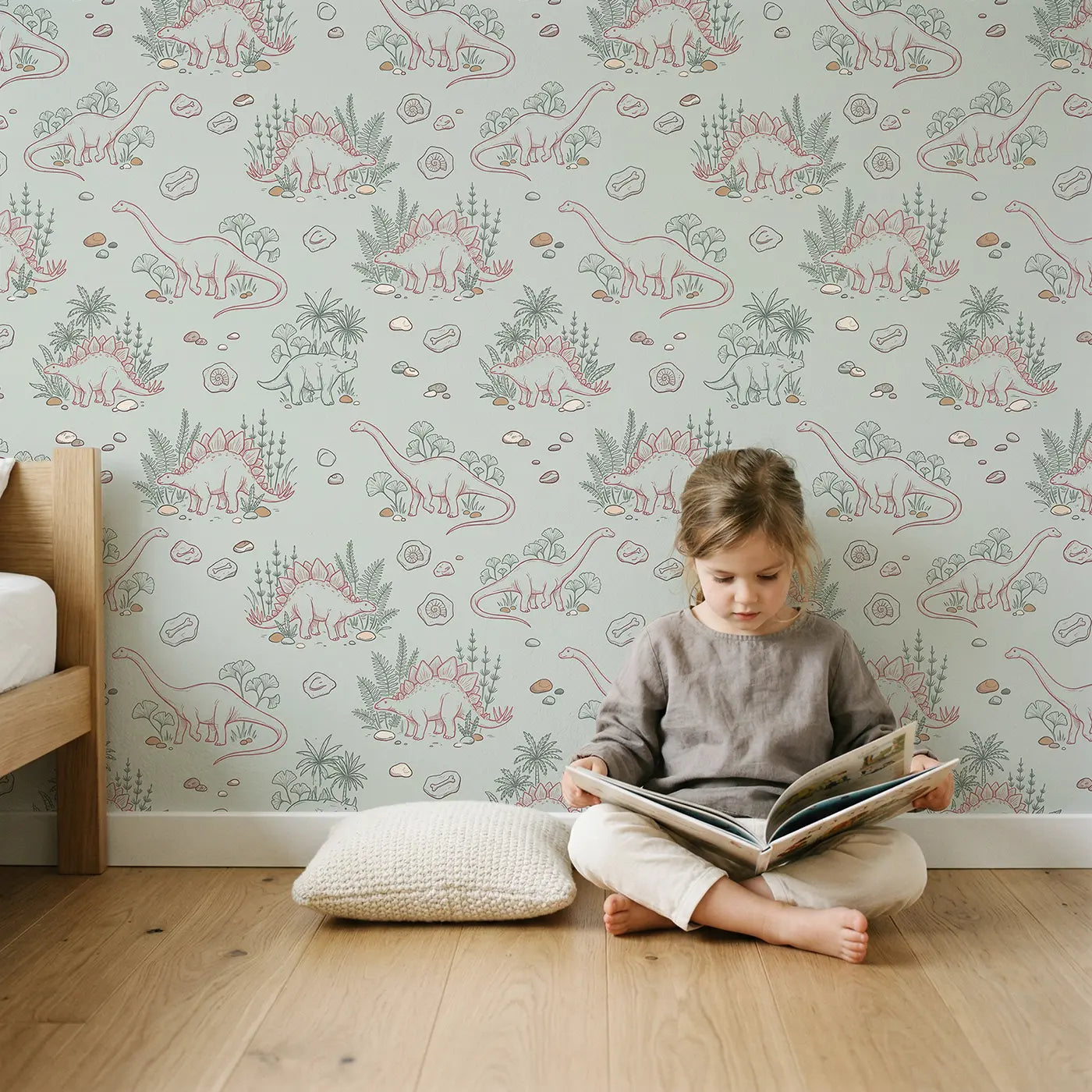 Stegosaurus Sitting Hand-Drawn wallpaper in styled kids room - Whimsy Tots