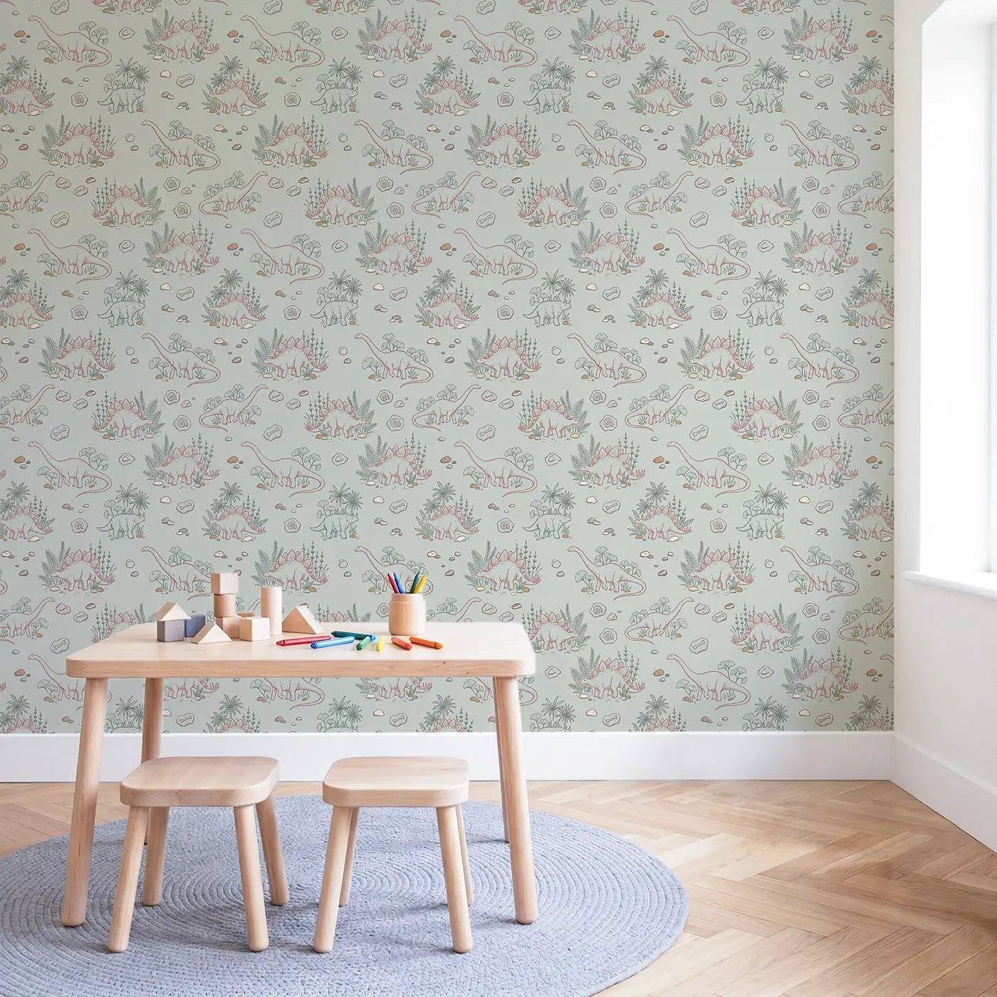 Stegosaurus Sitting Hand-Drawn wallpaper in Scandinavian nursery - Whimsy Tots