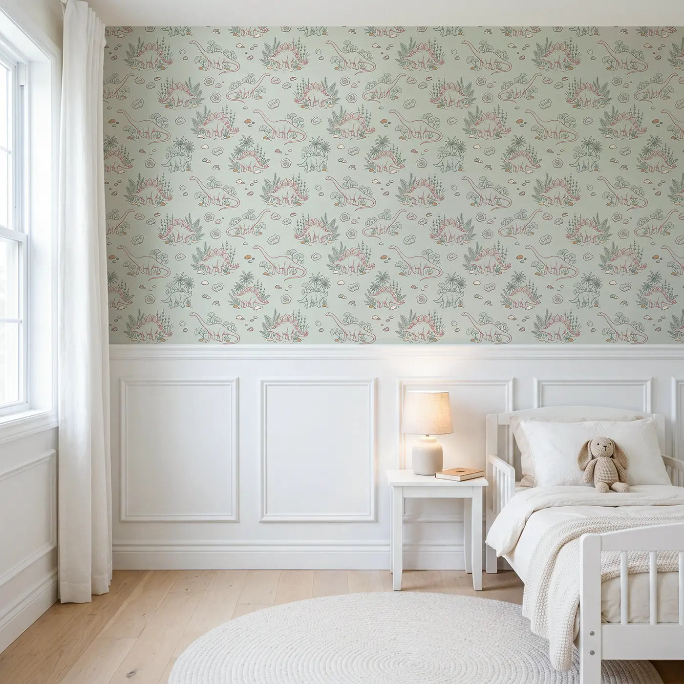 Stegosaurus Sitting Hand-Drawn wallpaper above wainscoting - Whimsy Tots