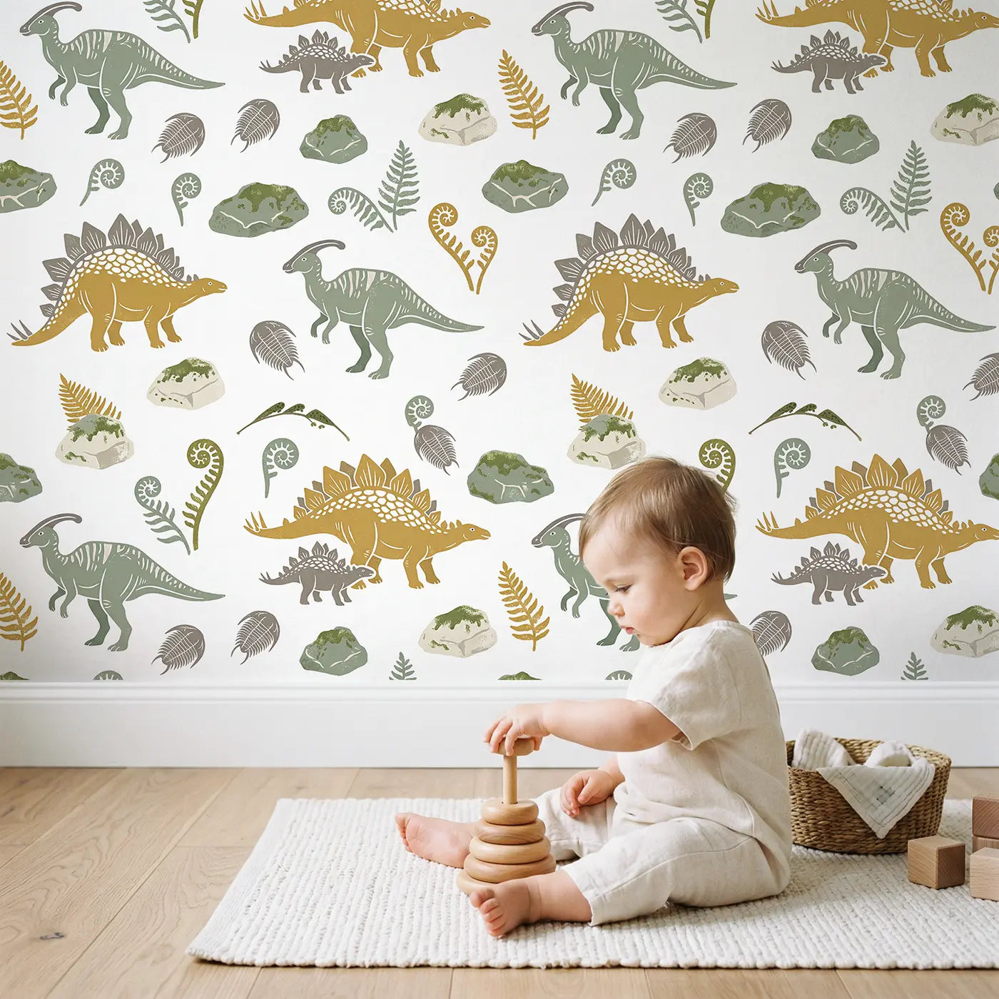 Stegosaurus Pair Block Print wallpaper in styled kids room - Whimsy Tots