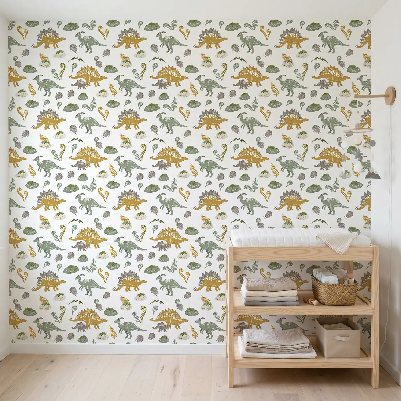Stegosaurus Pair Block Print wallpaper in Scandinavian nursery - Whimsy Tots