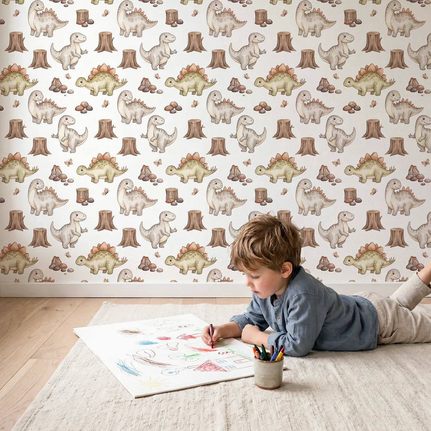 Friendly Iguanodon Watercolor wallpaper in styled kids room - Whimsy Tots