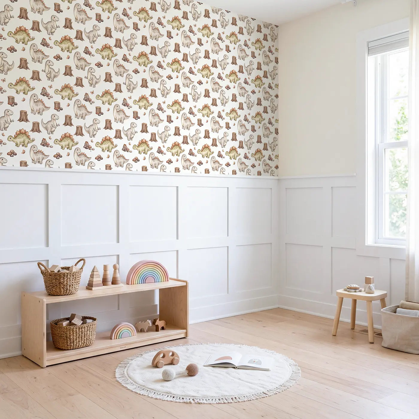 Friendly Iguanodon Watercolor wallpaper above wainscoting - Whimsy Tots
