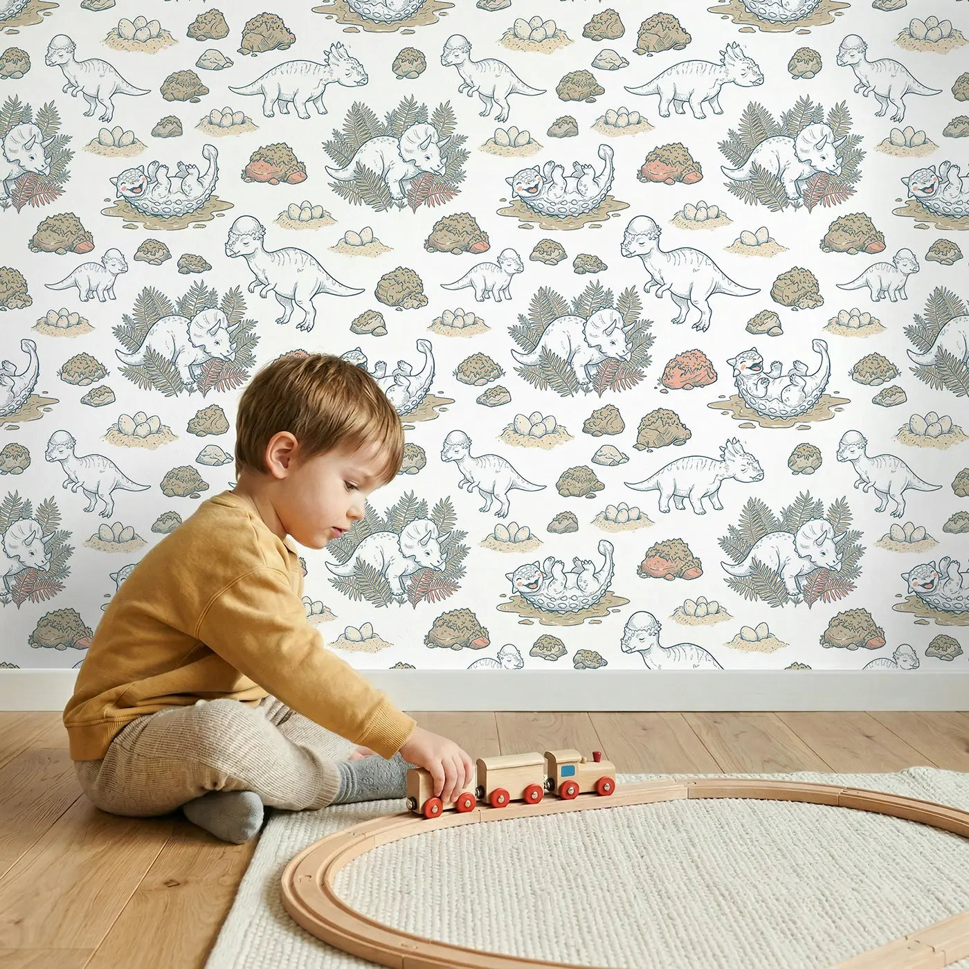 Baby Triceratops Hand-Drawn wallpaper in styled kids room - Whimsy Tots