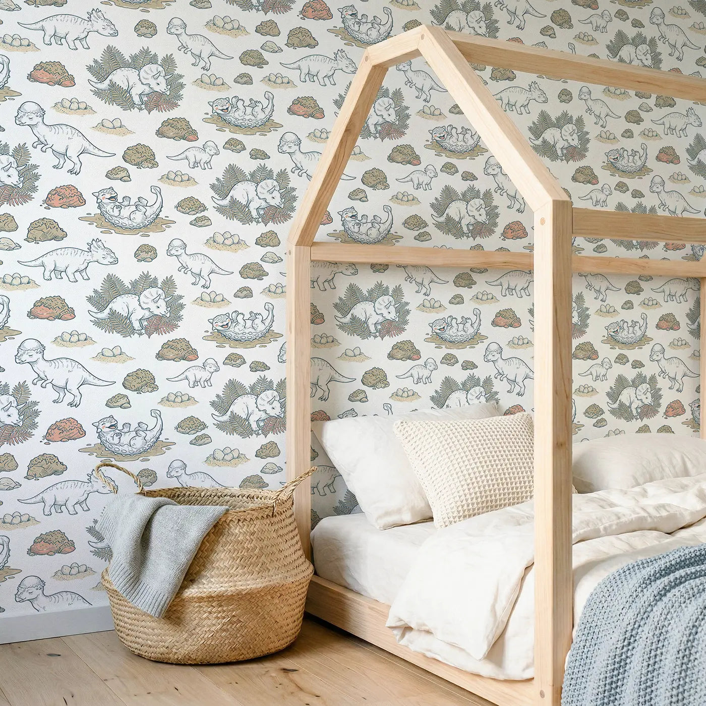 Baby Triceratops Hand-Drawn wallpaper in Scandinavian nursery - Whimsy Tots