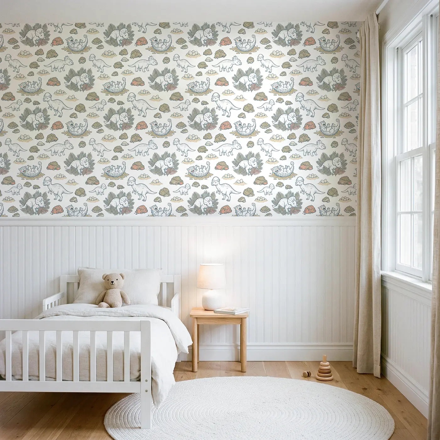 Baby Triceratops Hand-Drawn wallpaper above wainscoting - Whimsy Tots