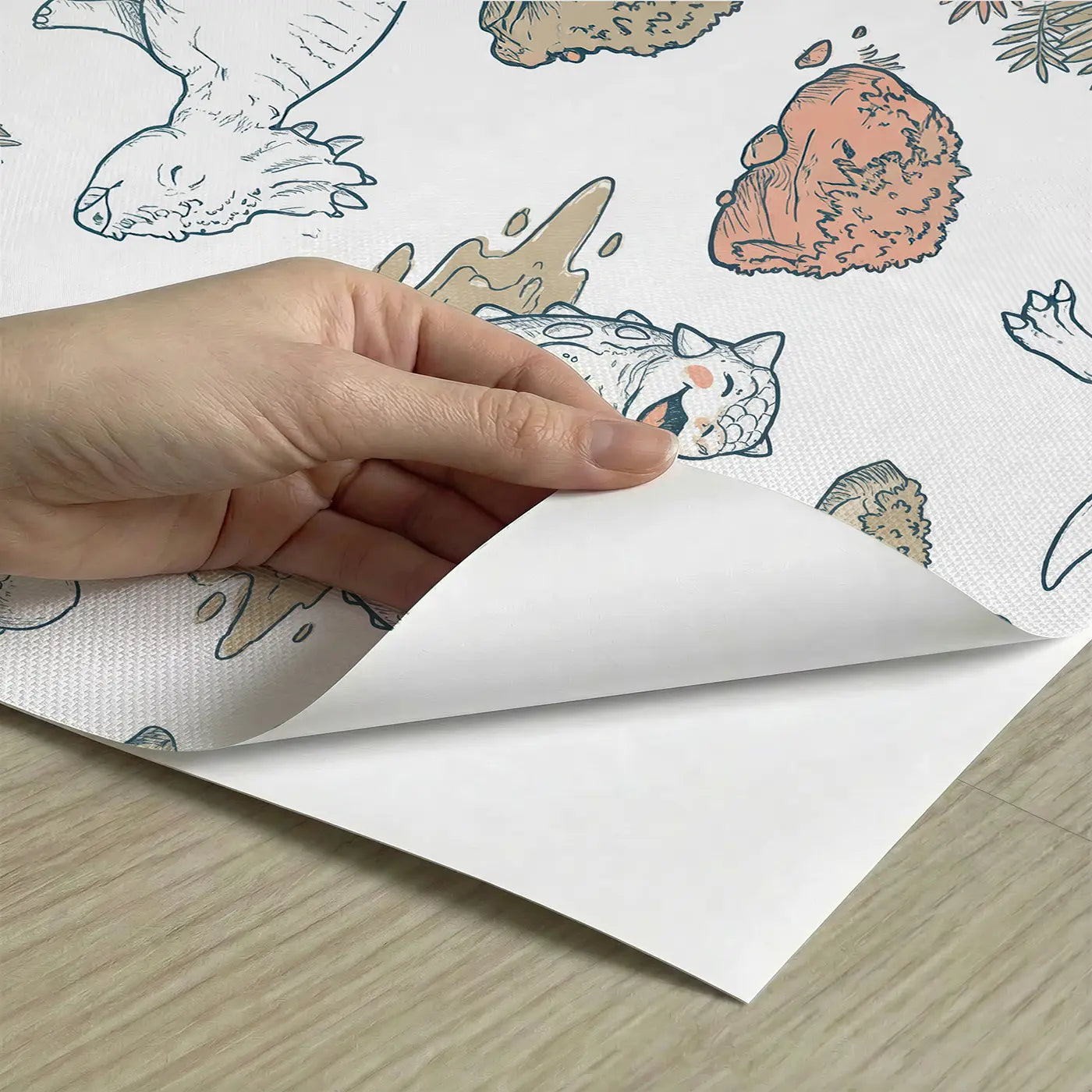 Baby Triceratops Hand-Drawn peel and stick material close-up - Whimsy Tots