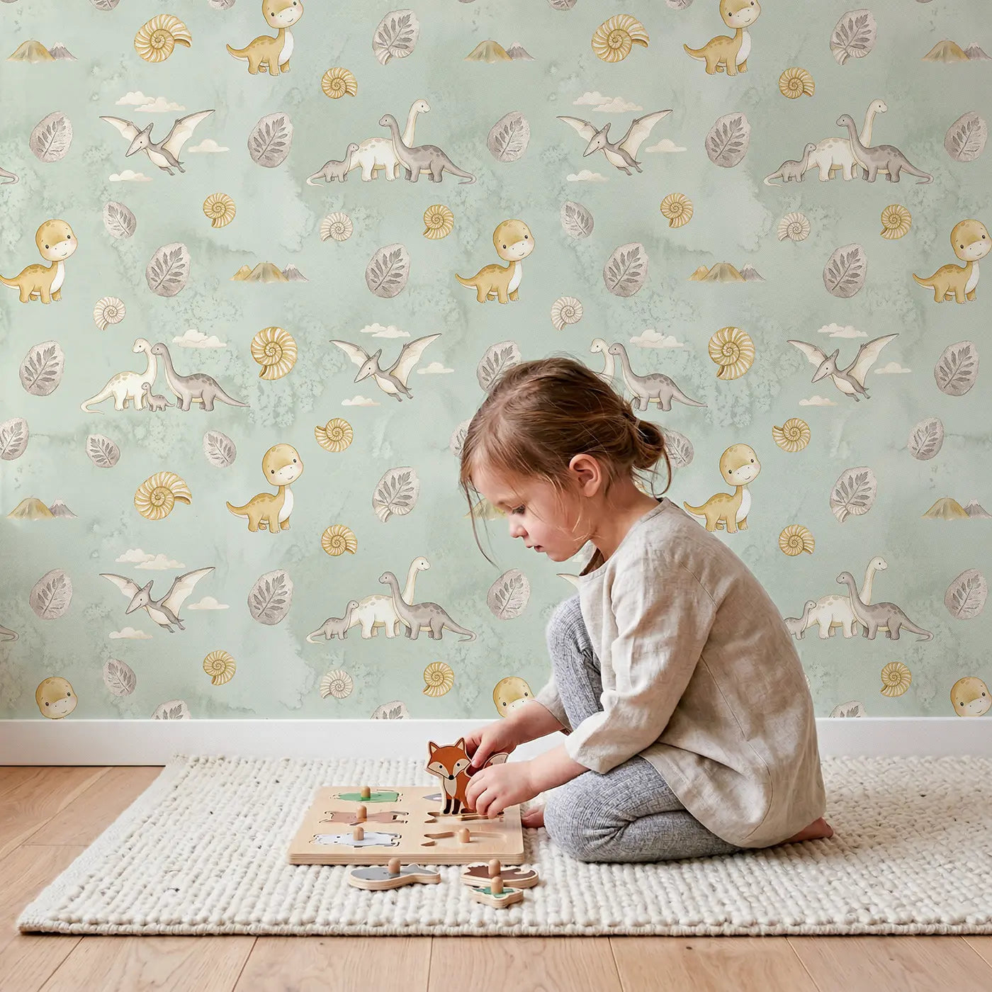 Brontosaurus Family Walking Watercolor wallpaper in styled kids room - Whimsy Tots