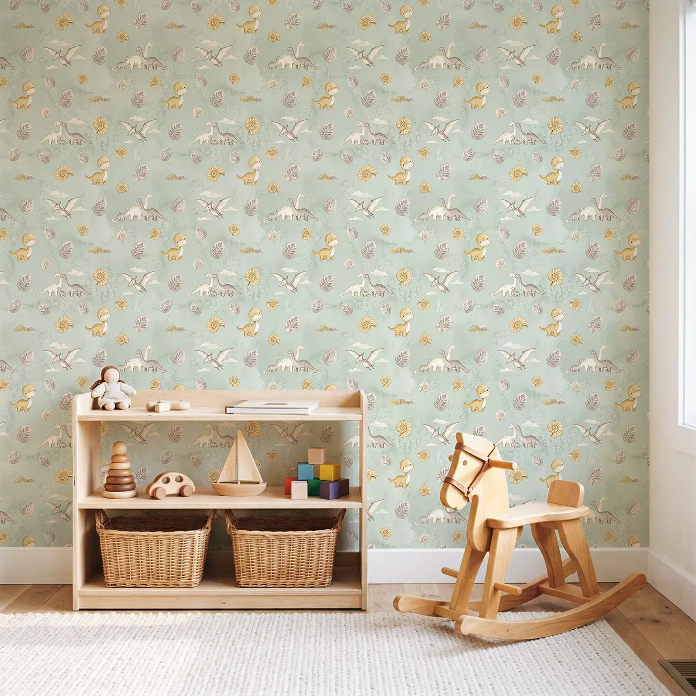 Brontosaurus Family Walking Watercolor wallpaper in Scandinavian nursery - Whimsy Tots