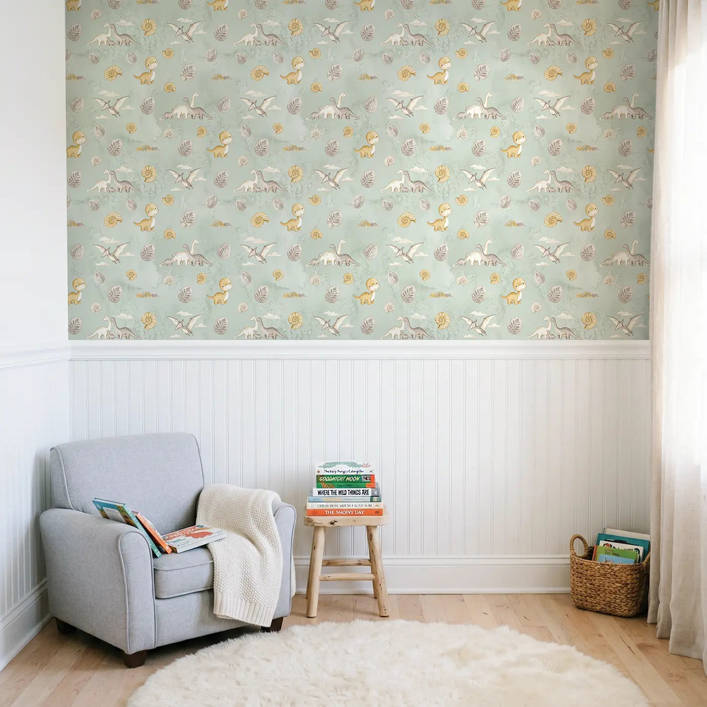 Brontosaurus Family Walking Watercolor wallpaper above wainscoting - Whimsy Tots