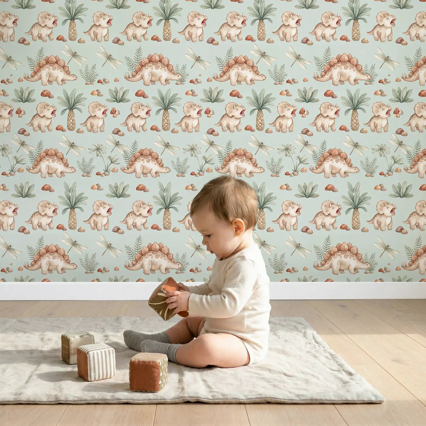 Baby Dino Yawning Watercolor II wallpaper in styled kids room - Whimsy Tots