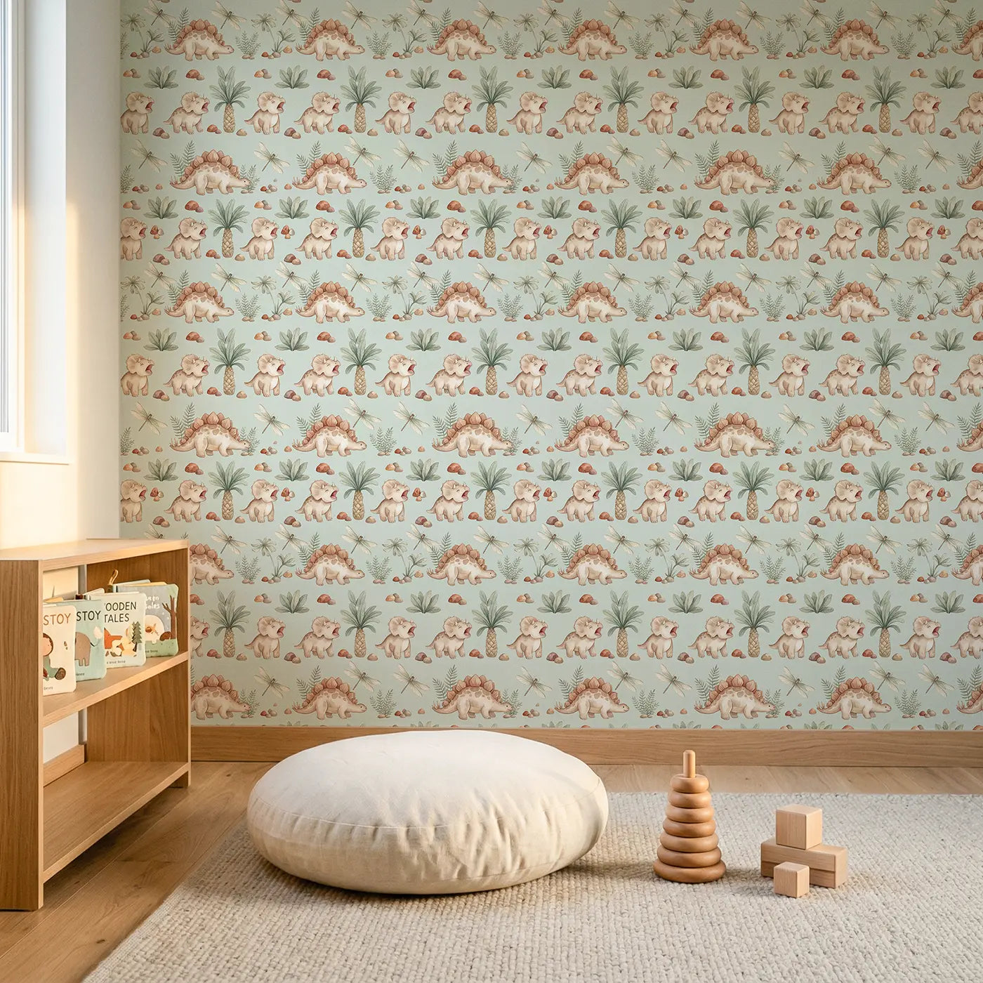Baby Dino Yawning Watercolor II wallpaper in Scandinavian nursery - Whimsy Tots