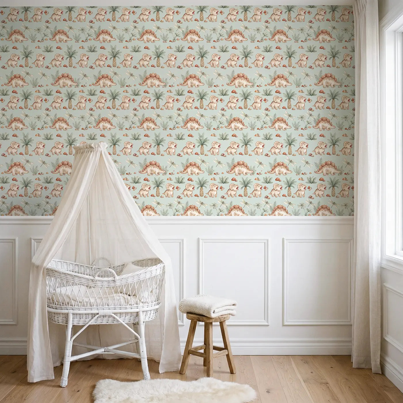 Baby Dino Yawning Watercolor II wallpaper above wainscoting - Whimsy Tots