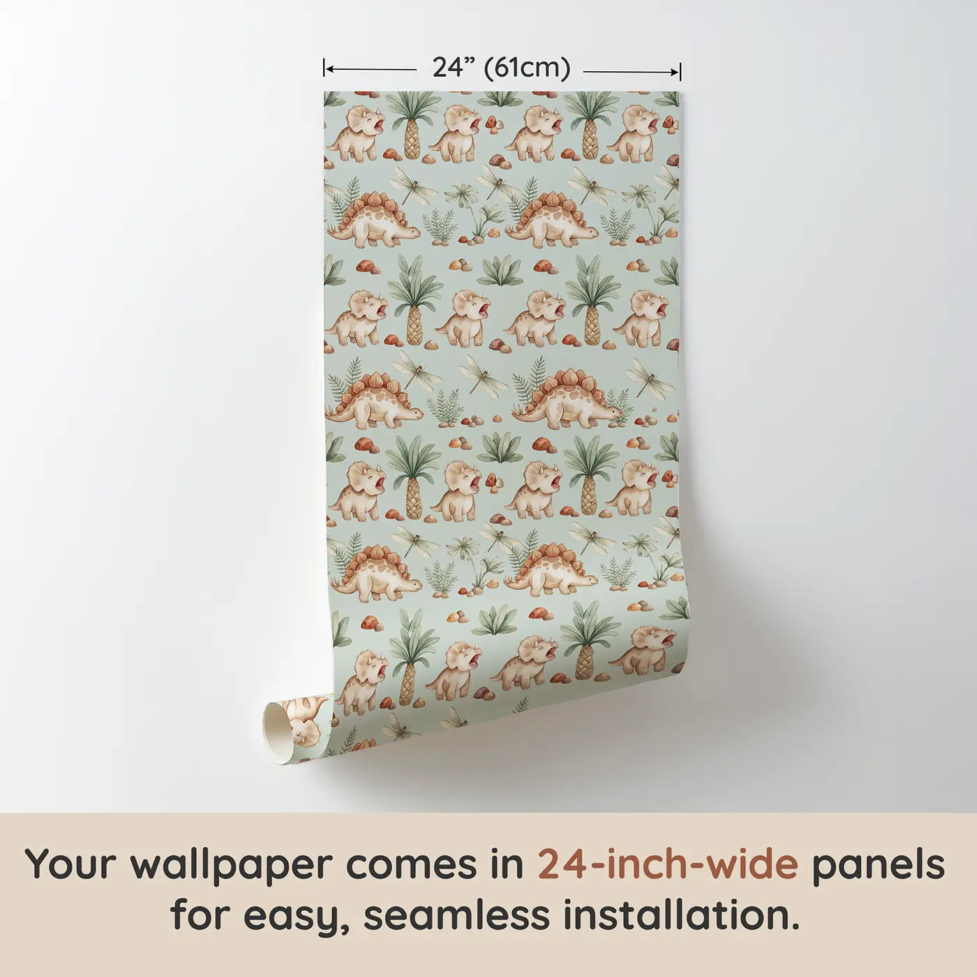 Baby Dino Yawning Watercolor II wallpaper panel dimensions - Whimsy Tots