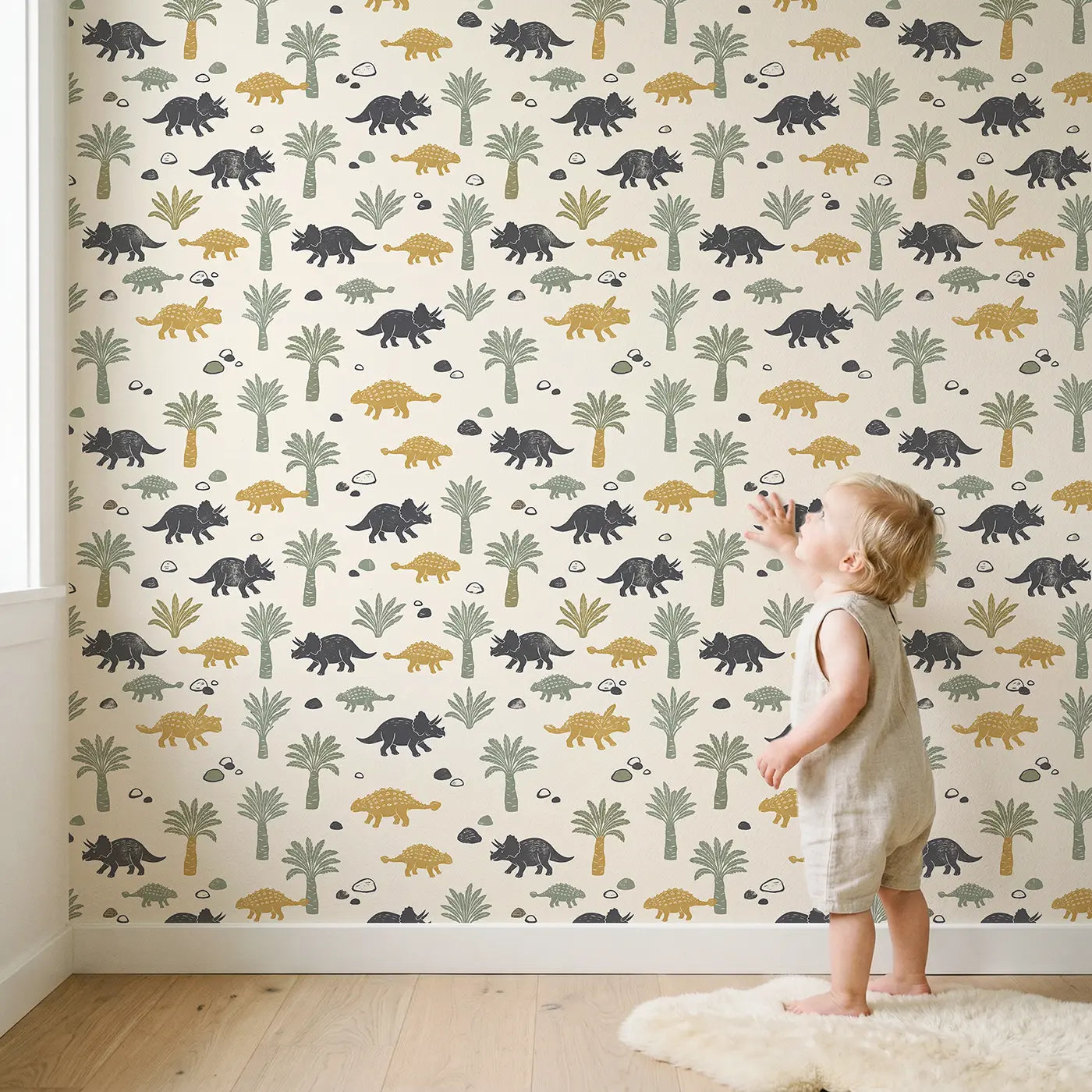 Triceratops Trotting Happily Block Print wallpaper in styled kids room - Whimsy Tots