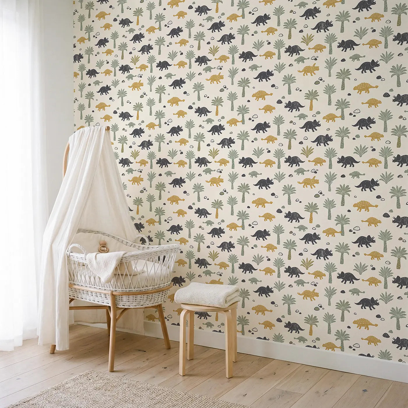 Triceratops Trotting Happily Block Print wallpaper in Scandinavian nursery - Whimsy Tots