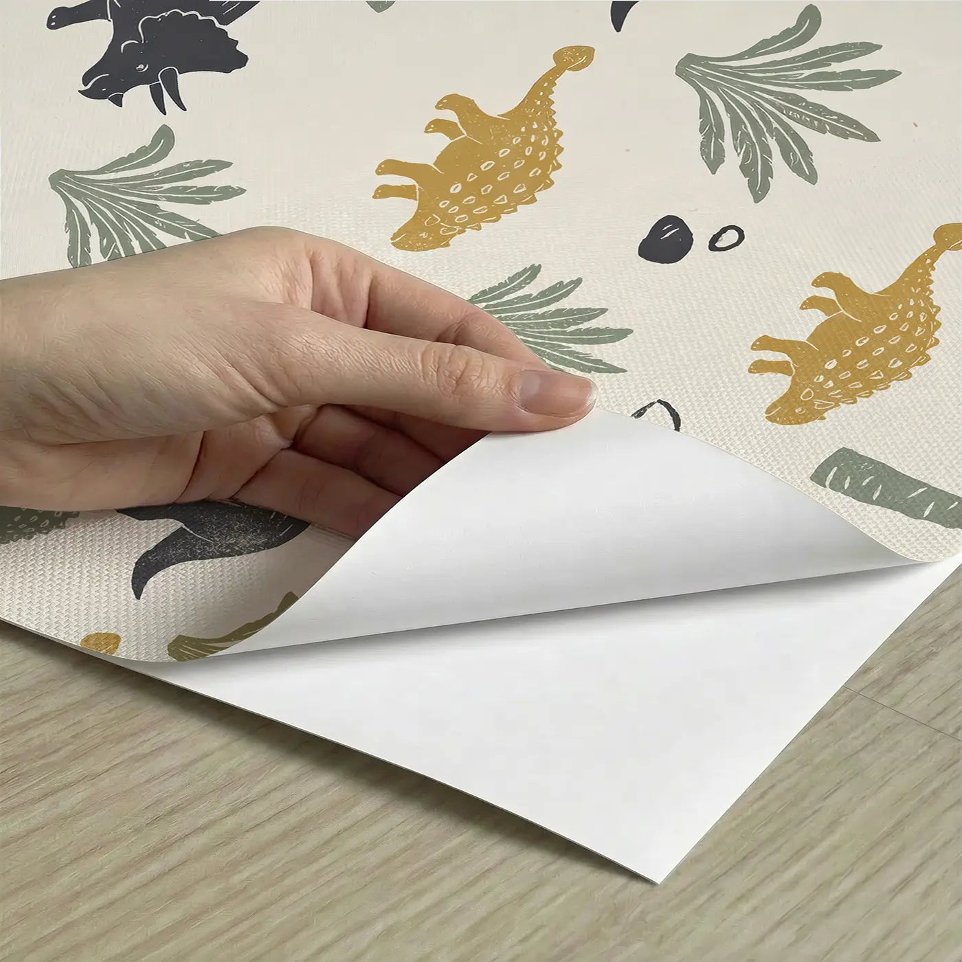 Triceratops Trotting Happily Block Print peel and stick material close-up - Whimsy Tots