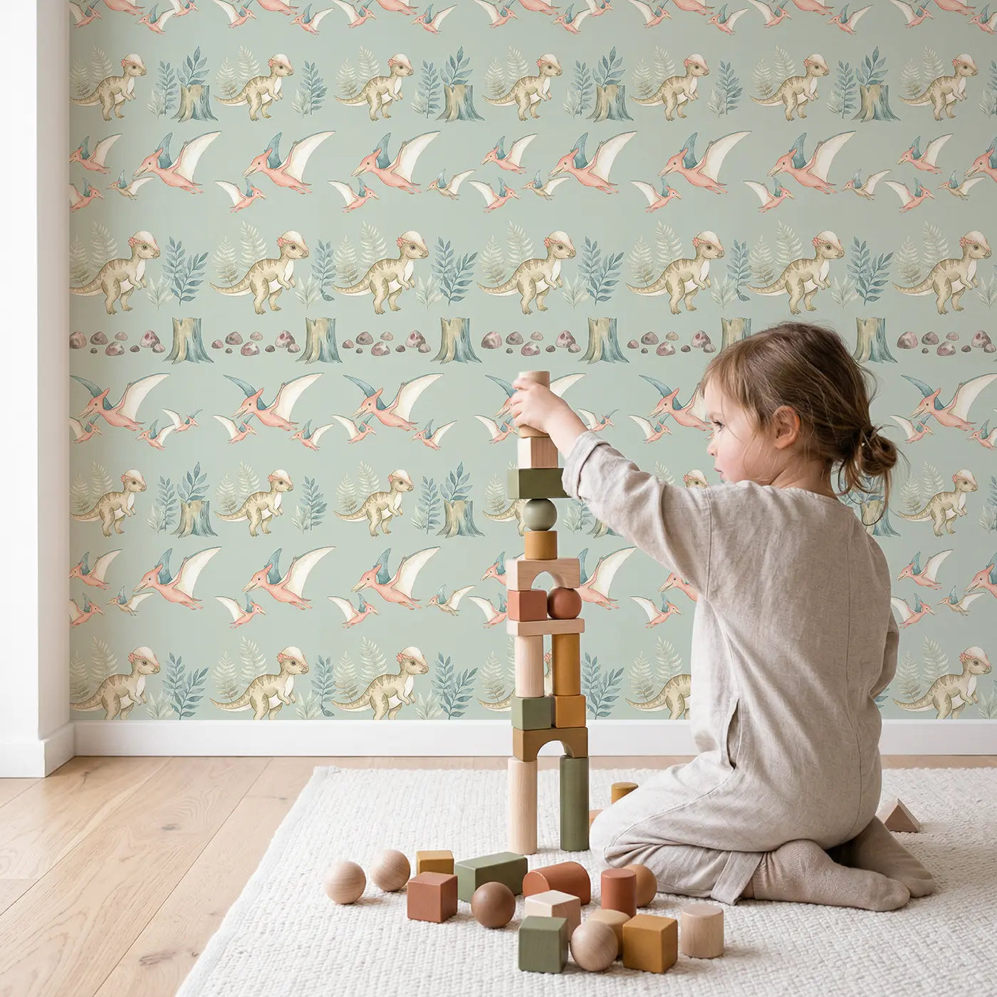 Pterodactyl Family Watercolor wallpaper in styled kids room - Whimsy Tots