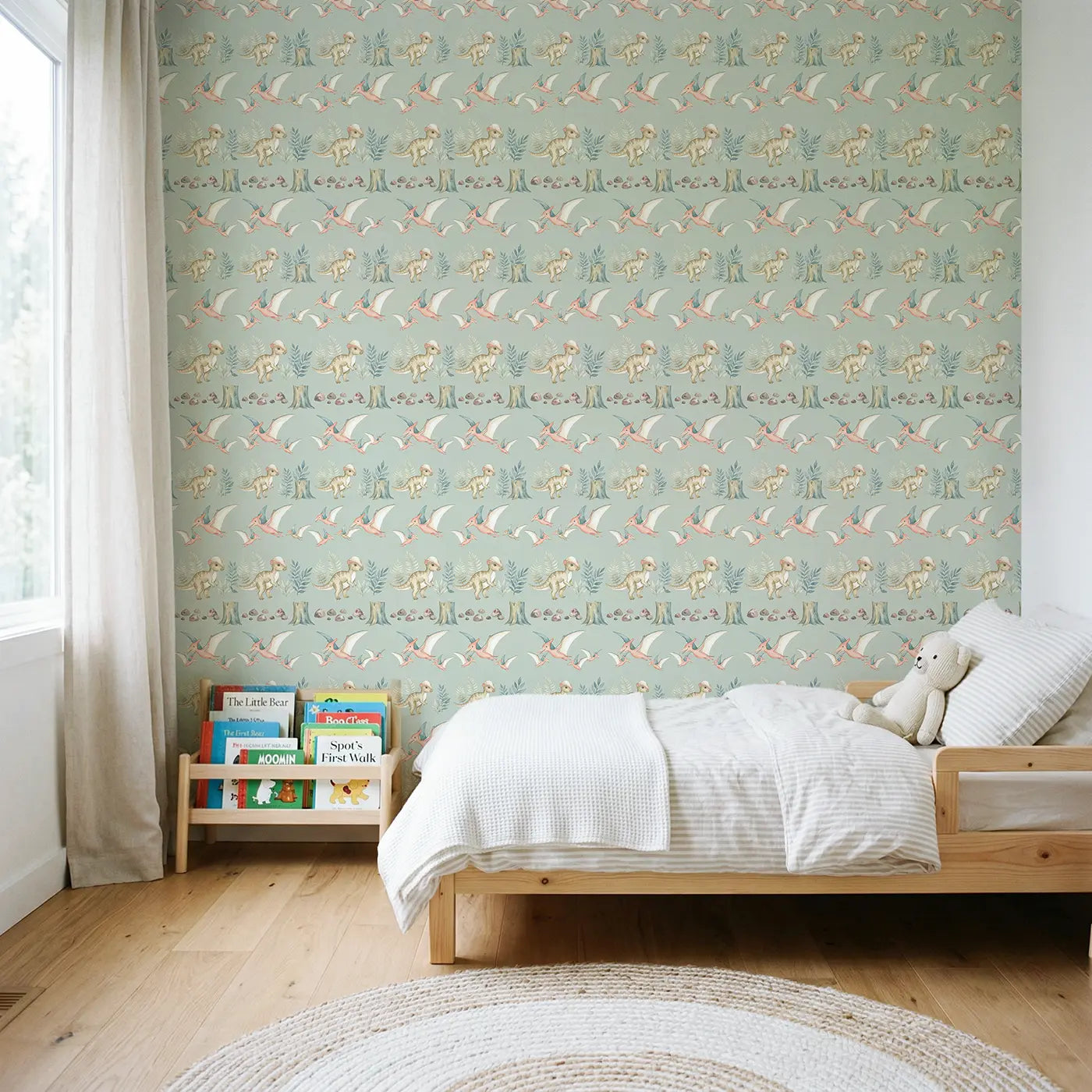 Pterodactyl Family Watercolor wallpaper in Scandinavian nursery - Whimsy Tots