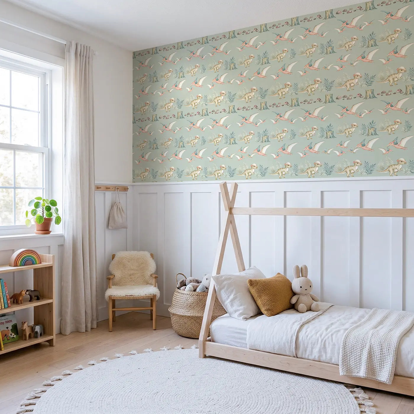 Pterodactyl Family Watercolor wallpaper above wainscoting - Whimsy Tots