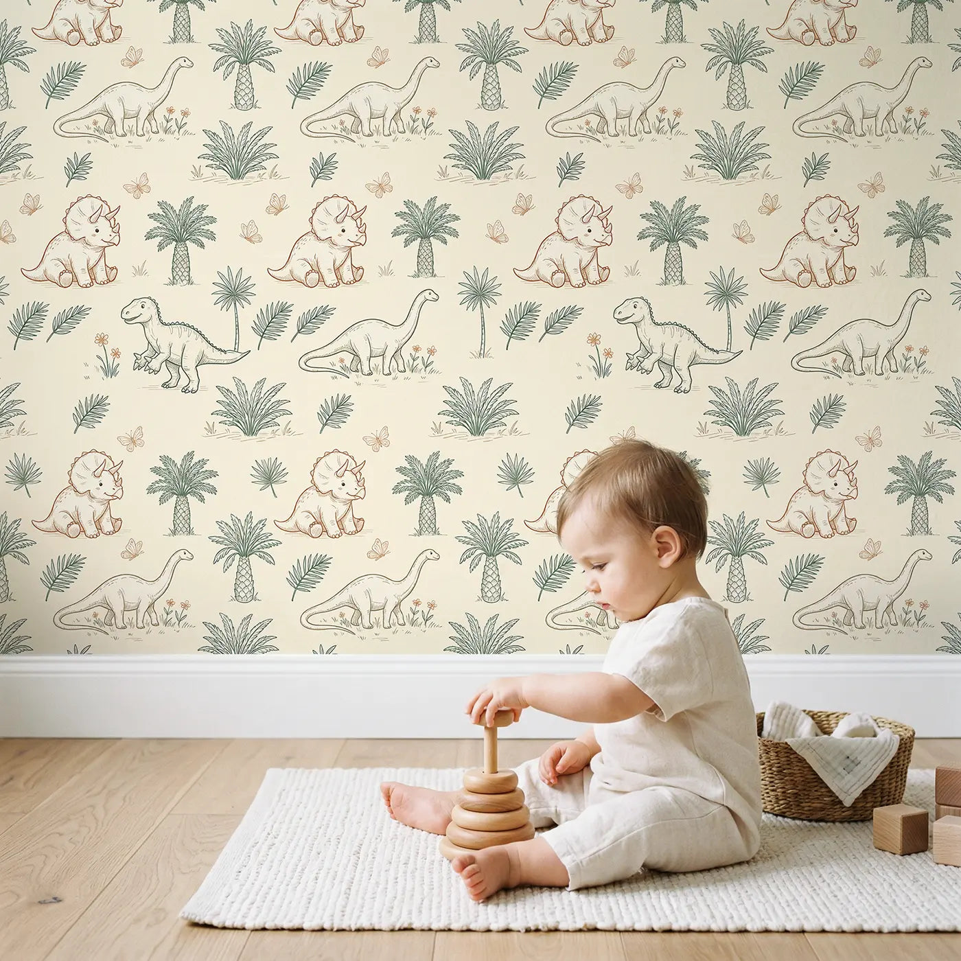 Chubby Triceratops Hand-Drawn wallpaper in styled kids room - Whimsy Tots