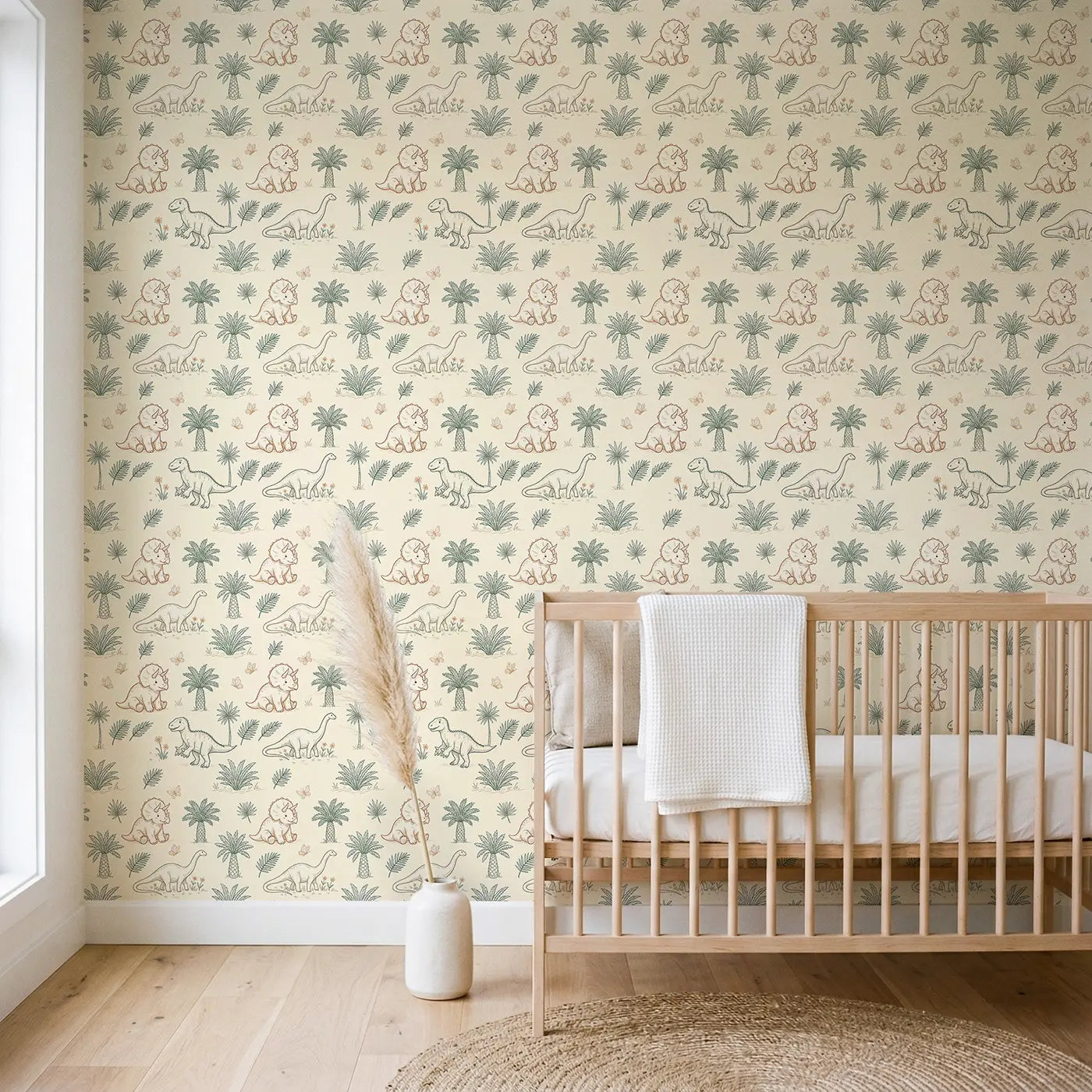 Chubby Triceratops Hand-Drawn wallpaper in Scandinavian nursery - Whimsy Tots