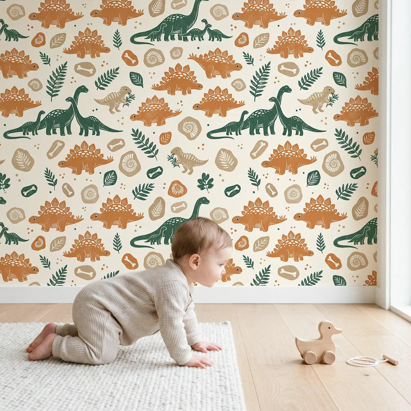 Brontosaurus Family Walking Block Print wallpaper in styled kids room - Whimsy Tots