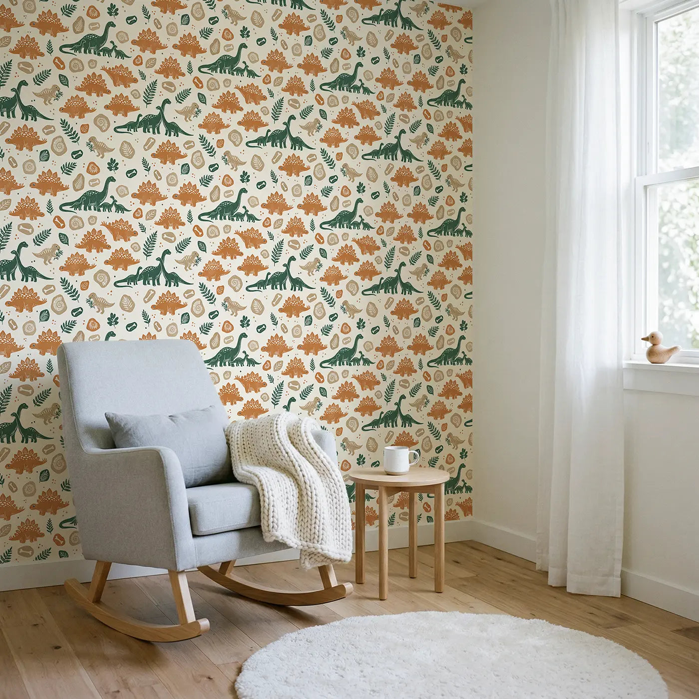Brontosaurus Family Walking Block Print wallpaper in Scandinavian nursery - Whimsy Tots