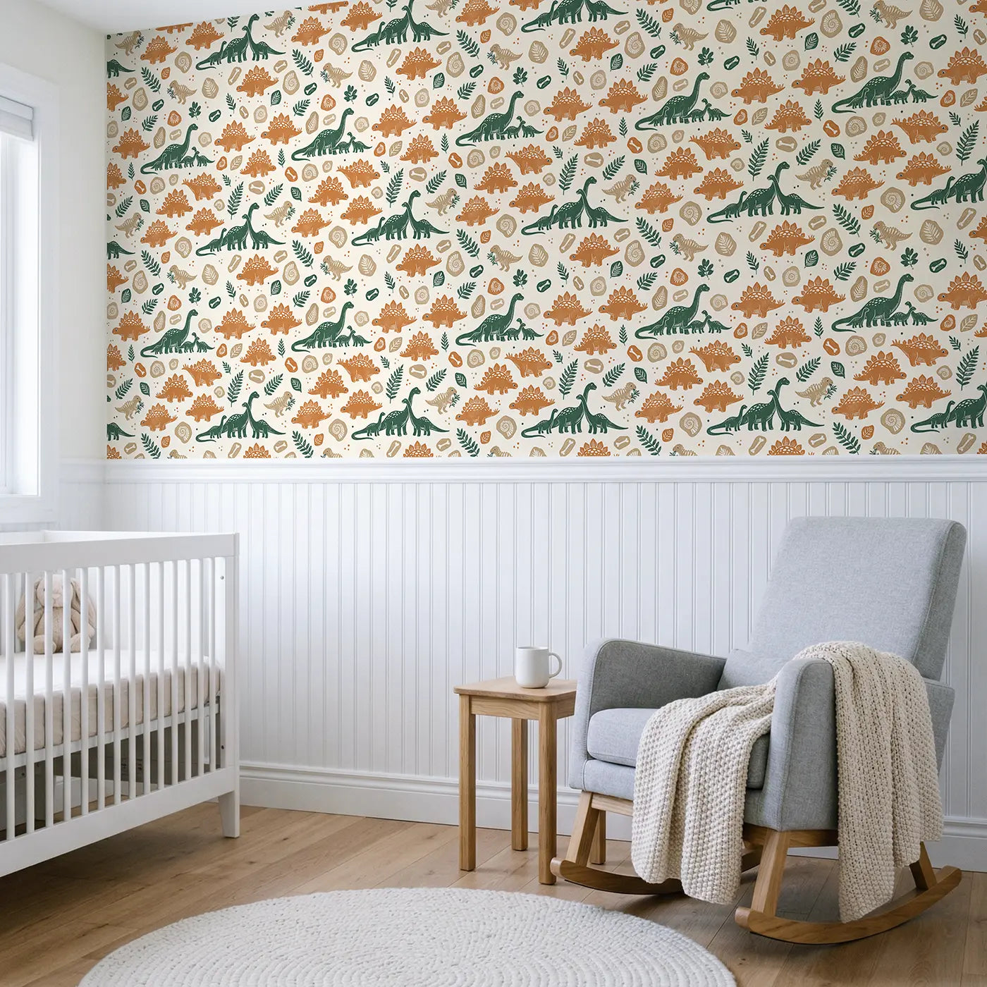 Brontosaurus Family Walking Block Print wallpaper above wainscoting - Whimsy Tots
