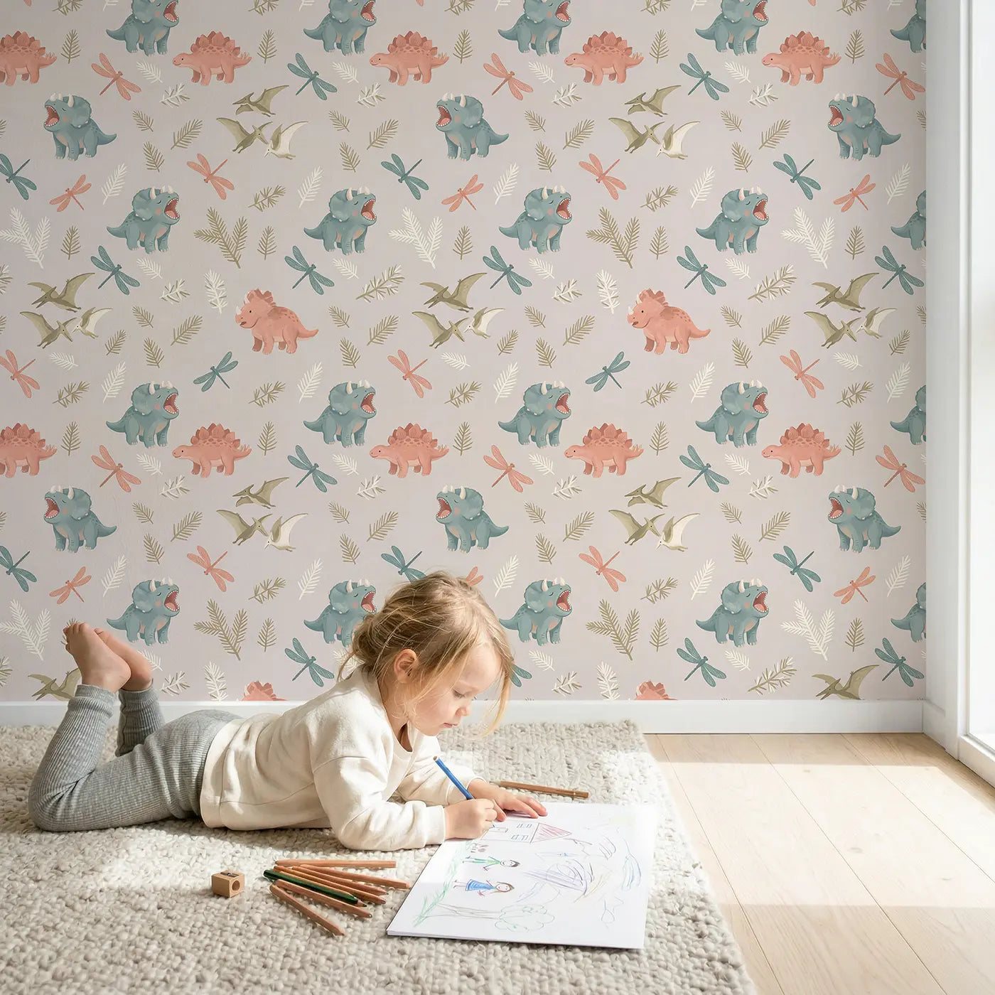 Baby Dino Yawning Modern Illustration wallpaper in styled kids room - Whimsy Tots