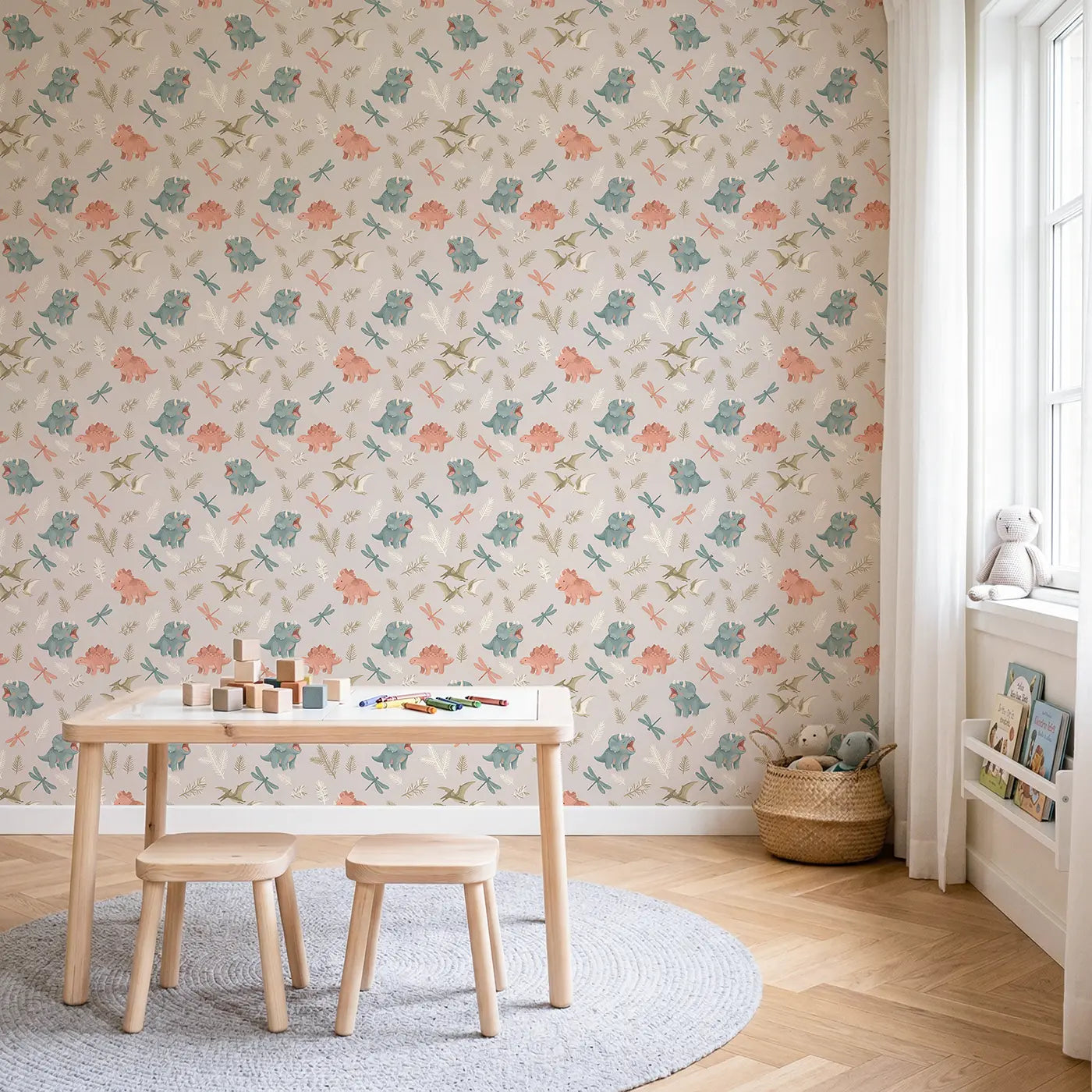 Baby Dino Yawning Modern Illustration wallpaper in Scandinavian nursery - Whimsy Tots