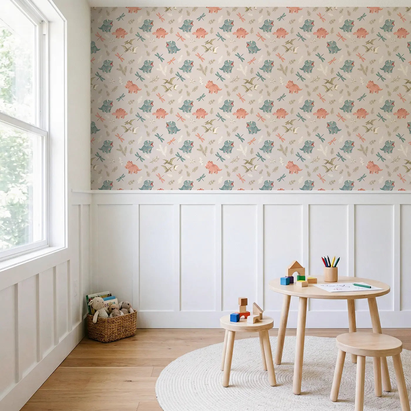 Baby Dino Yawning Modern Illustration wallpaper above wainscoting - Whimsy Tots