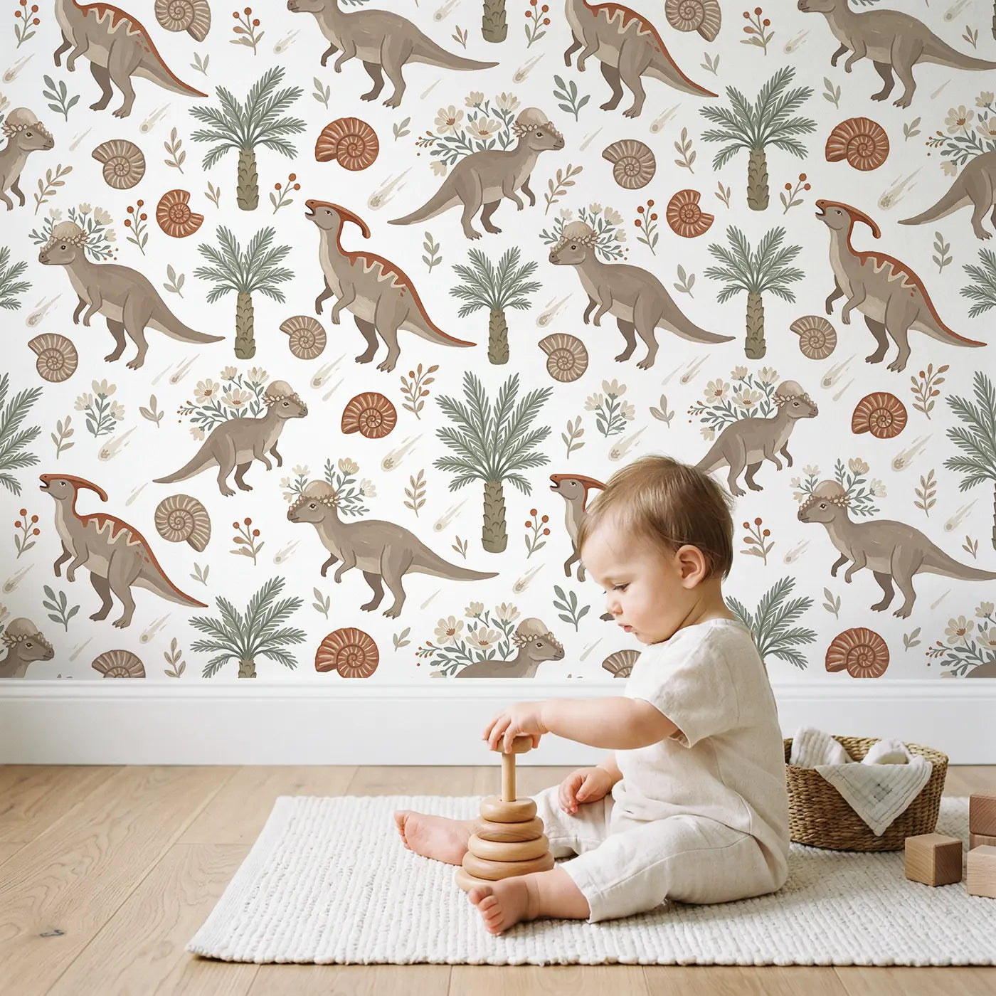 Pachycephalosaurus Flowers Growing Modern Illustration wallpaper in styled kids room - Whimsy Tots