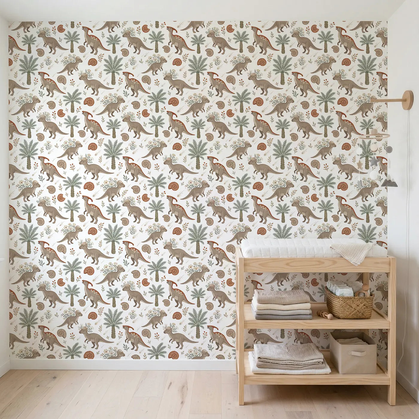 Pachycephalosaurus Flowers Growing Modern Illustration wallpaper in Scandinavian nursery - Whimsy...