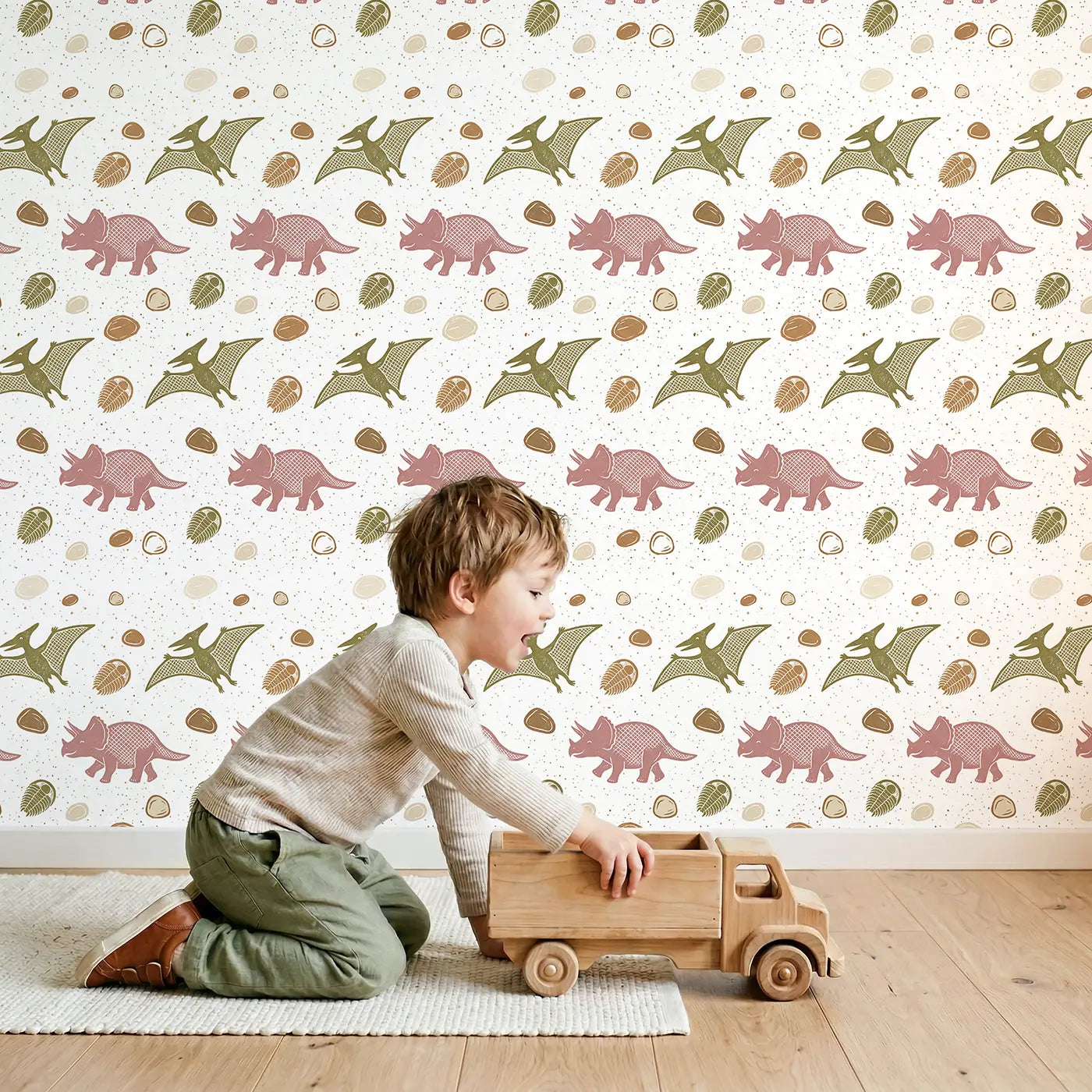 Friendly Pterodactyl Block Print wallpaper in styled kids room - Whimsy Tots