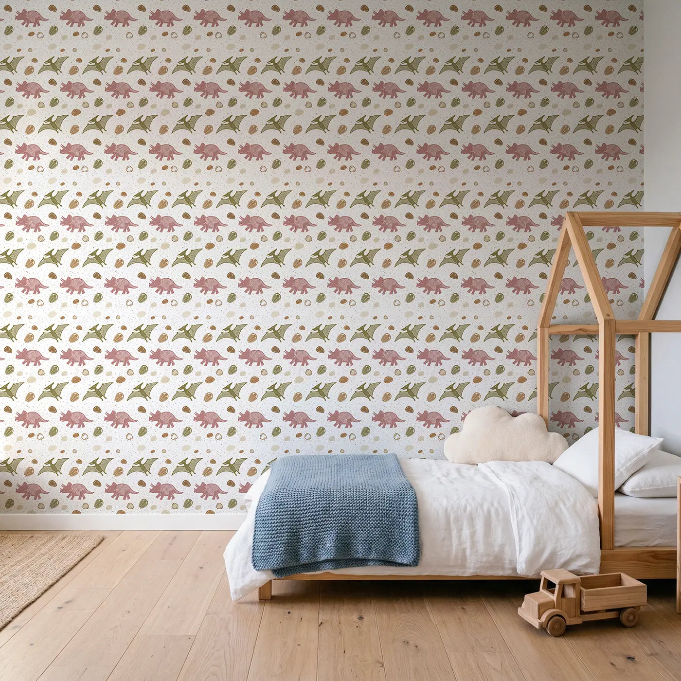 Friendly Pterodactyl Block Print wallpaper in Scandinavian nursery - Whimsy Tots