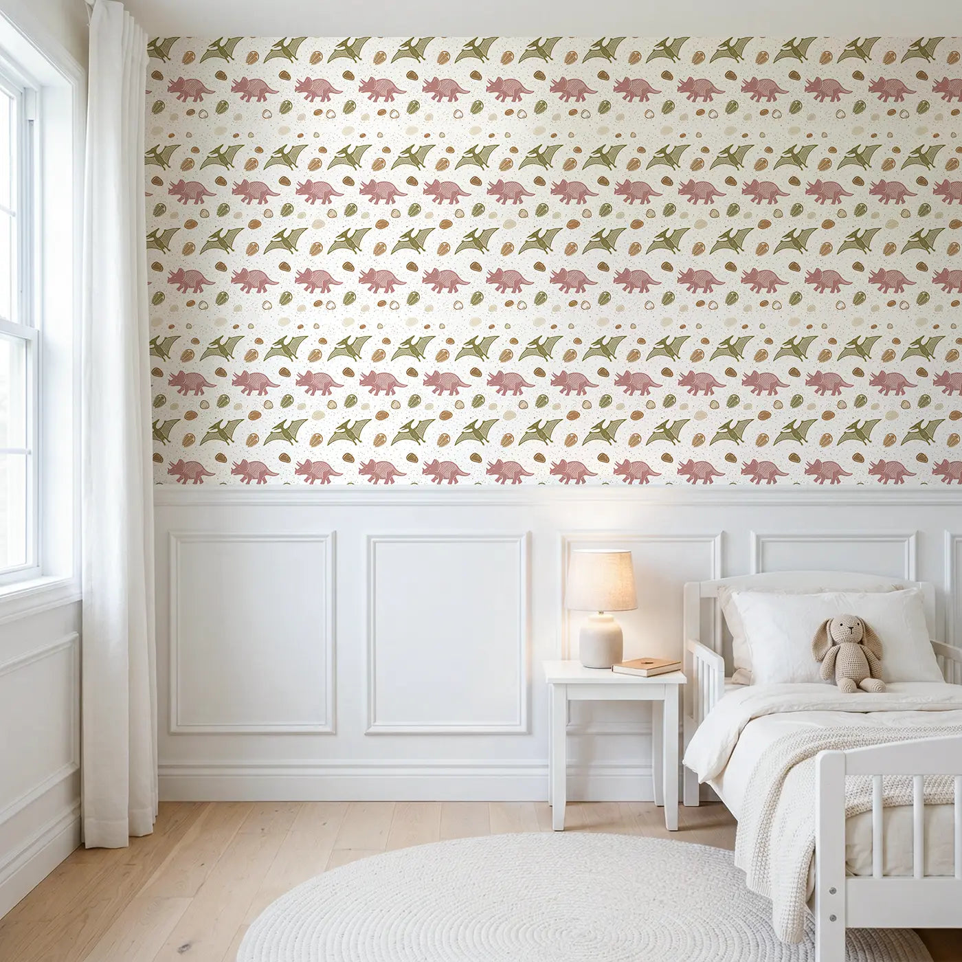 Friendly Pterodactyl Block Print wallpaper above wainscoting - Whimsy Tots
