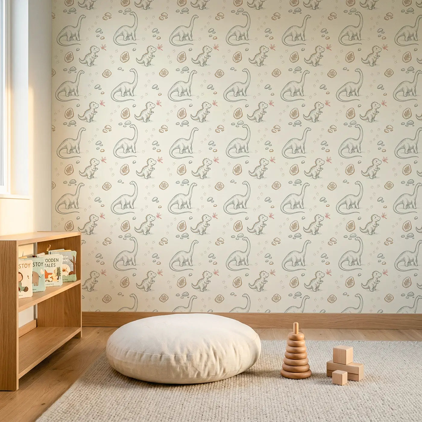 Baby Dinosaur Playing Hand-Drawn II wallpaper in Scandinavian nursery - Whimsy Tots