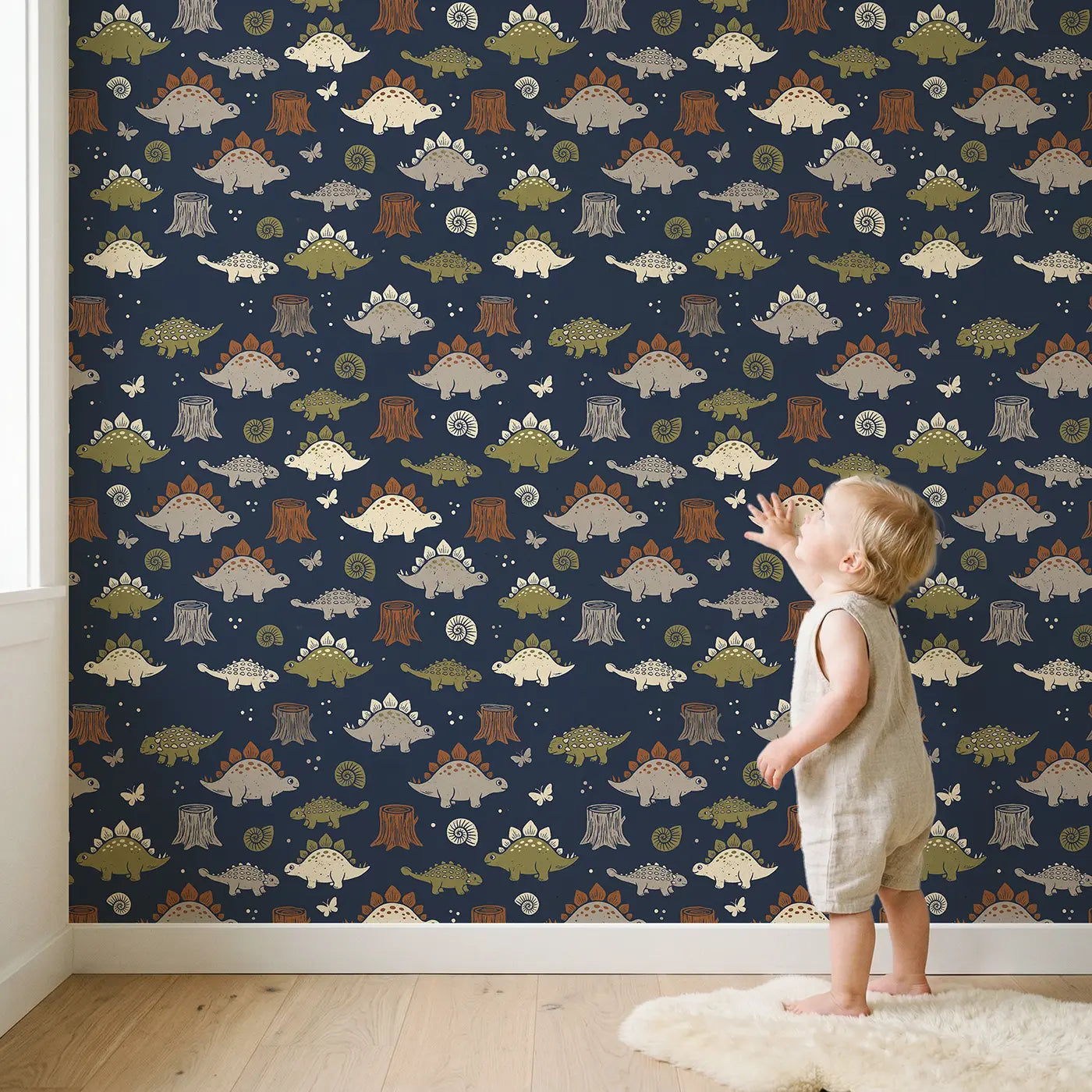 Round Chubby Stegosaurus Block Print wallpaper in styled kids room - Whimsy Tots