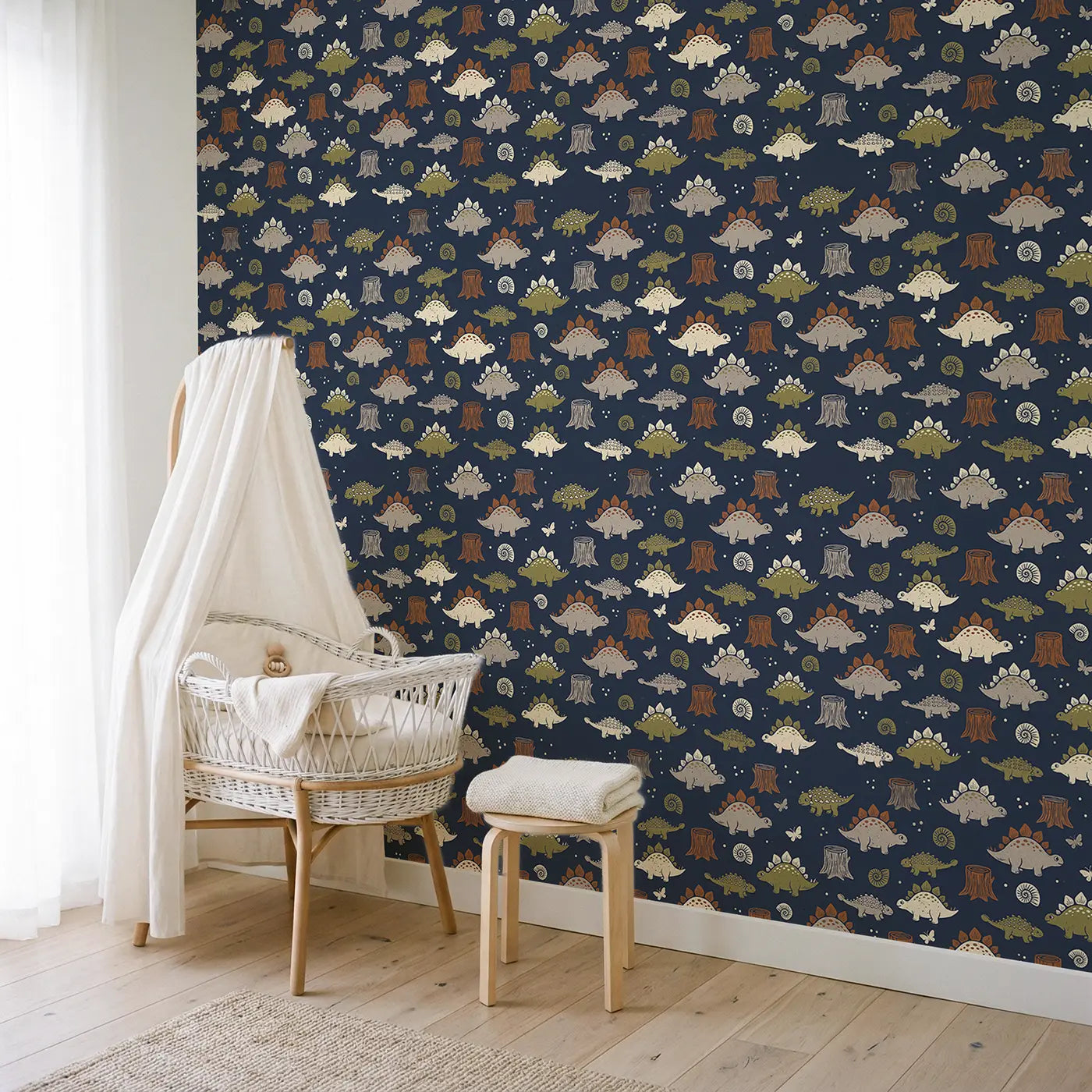 Round Chubby Stegosaurus Block Print wallpaper in Scandinavian nursery - Whimsy Tots