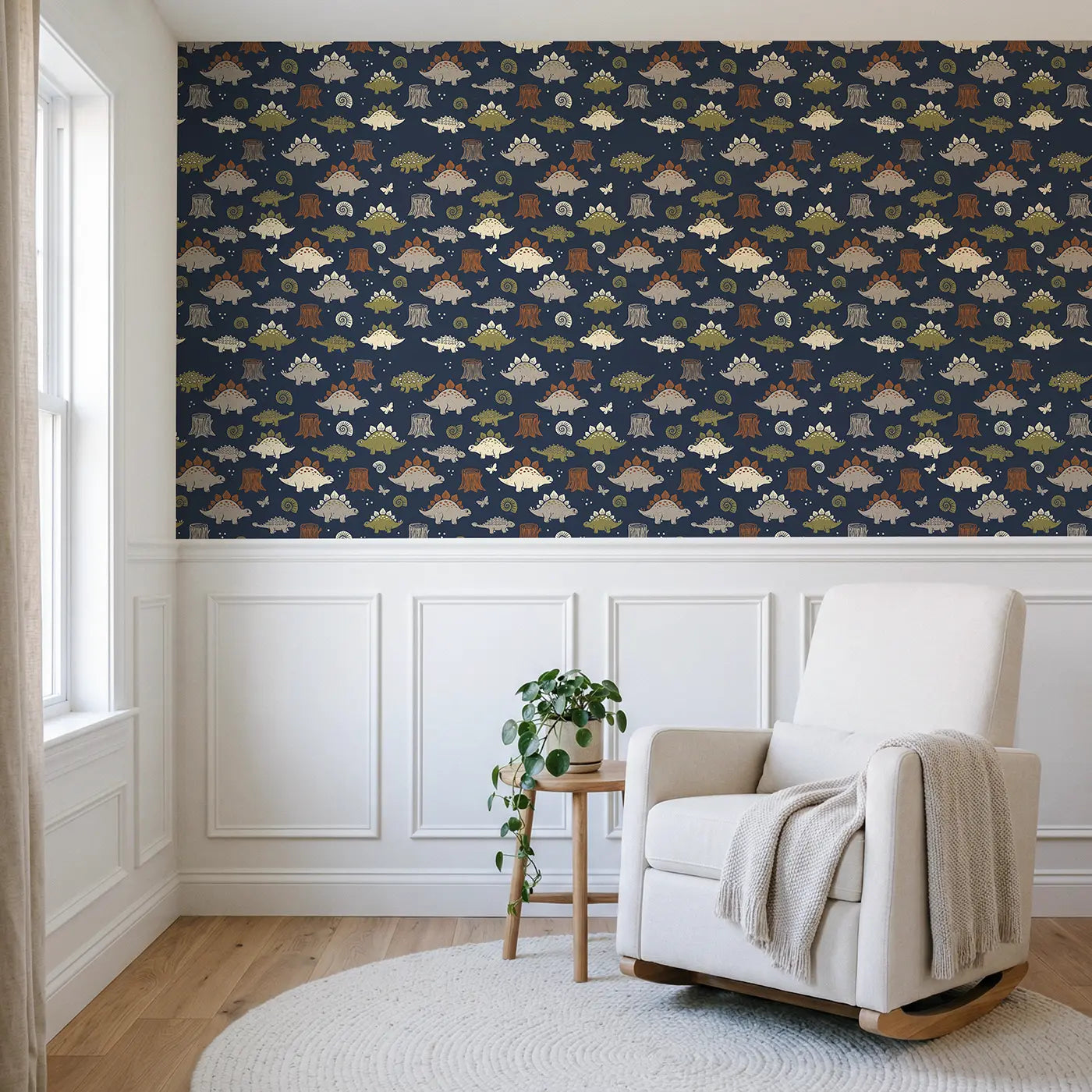 Round Chubby Stegosaurus Block Print wallpaper above wainscoting - Whimsy Tots