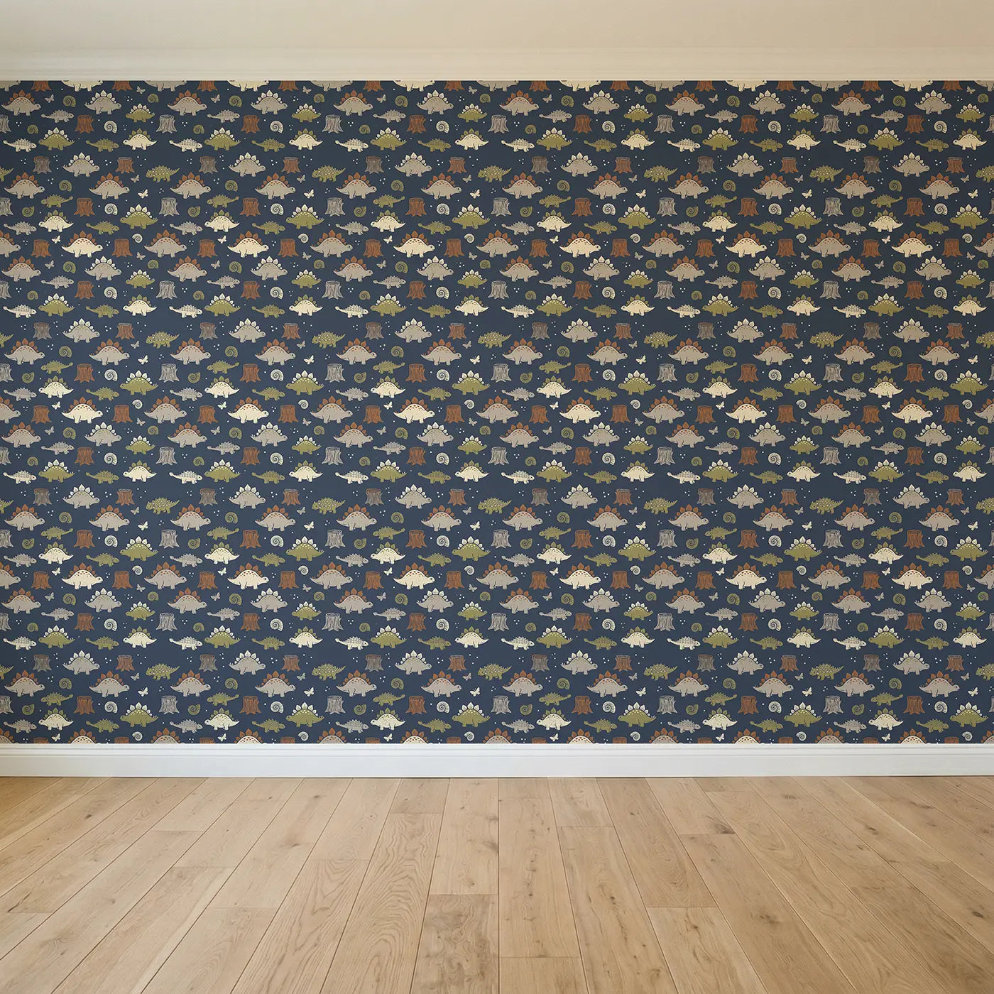 Round Chubby Stegosaurus Block Print seamless wallpaper full pattern - Whimsy Tots