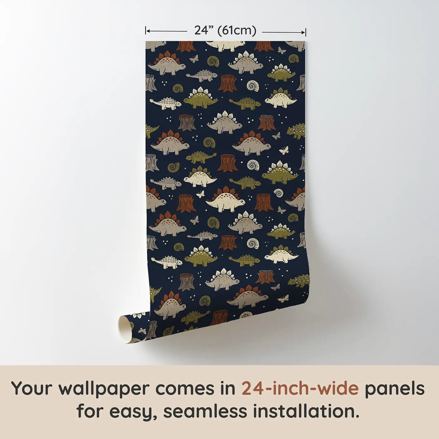 Round Chubby Stegosaurus Block Print wallpaper panel dimensions - Whimsy Tots