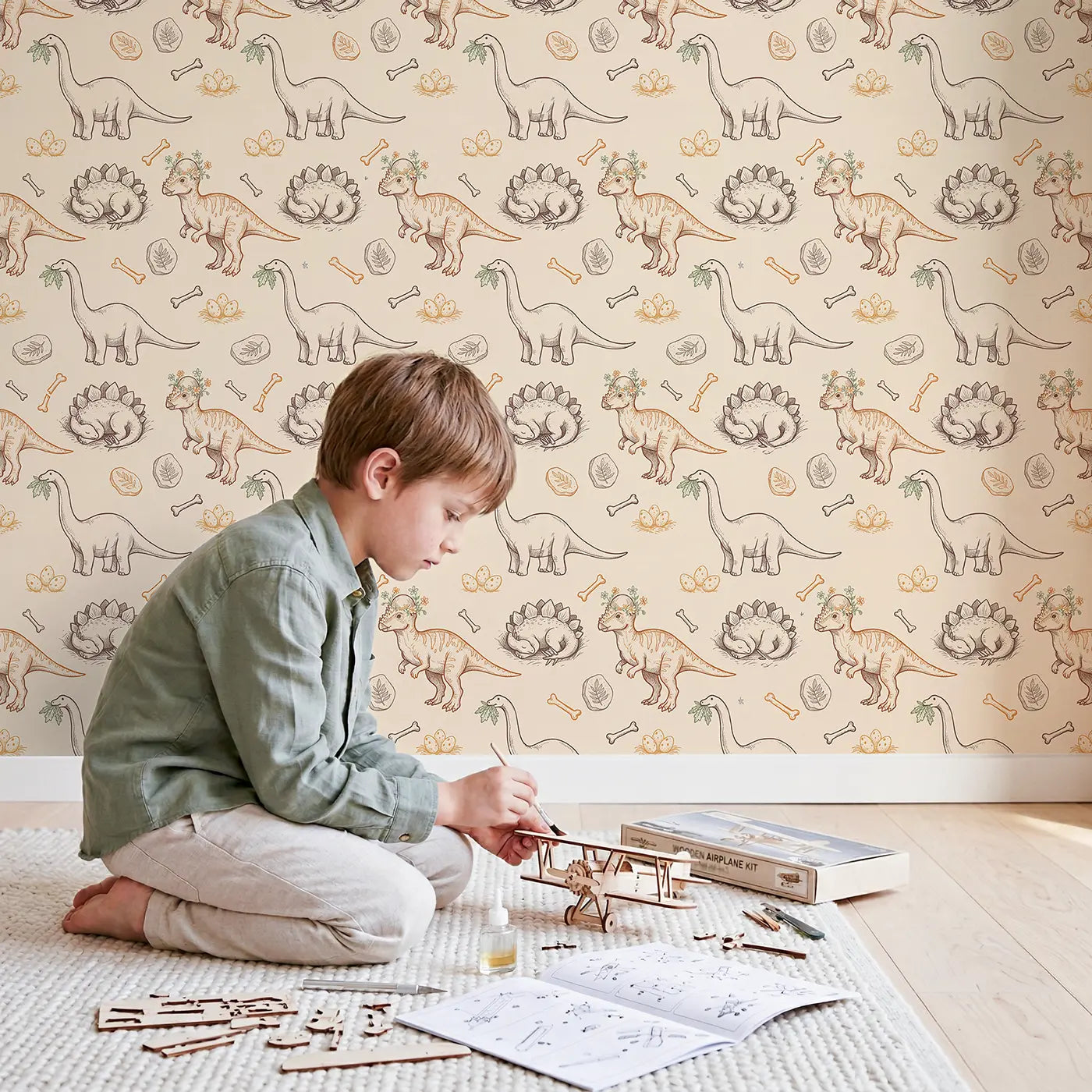 Pachycephalosaurus Flowers Growing Hand-Drawn wallpaper in styled kids room - Whimsy Tots