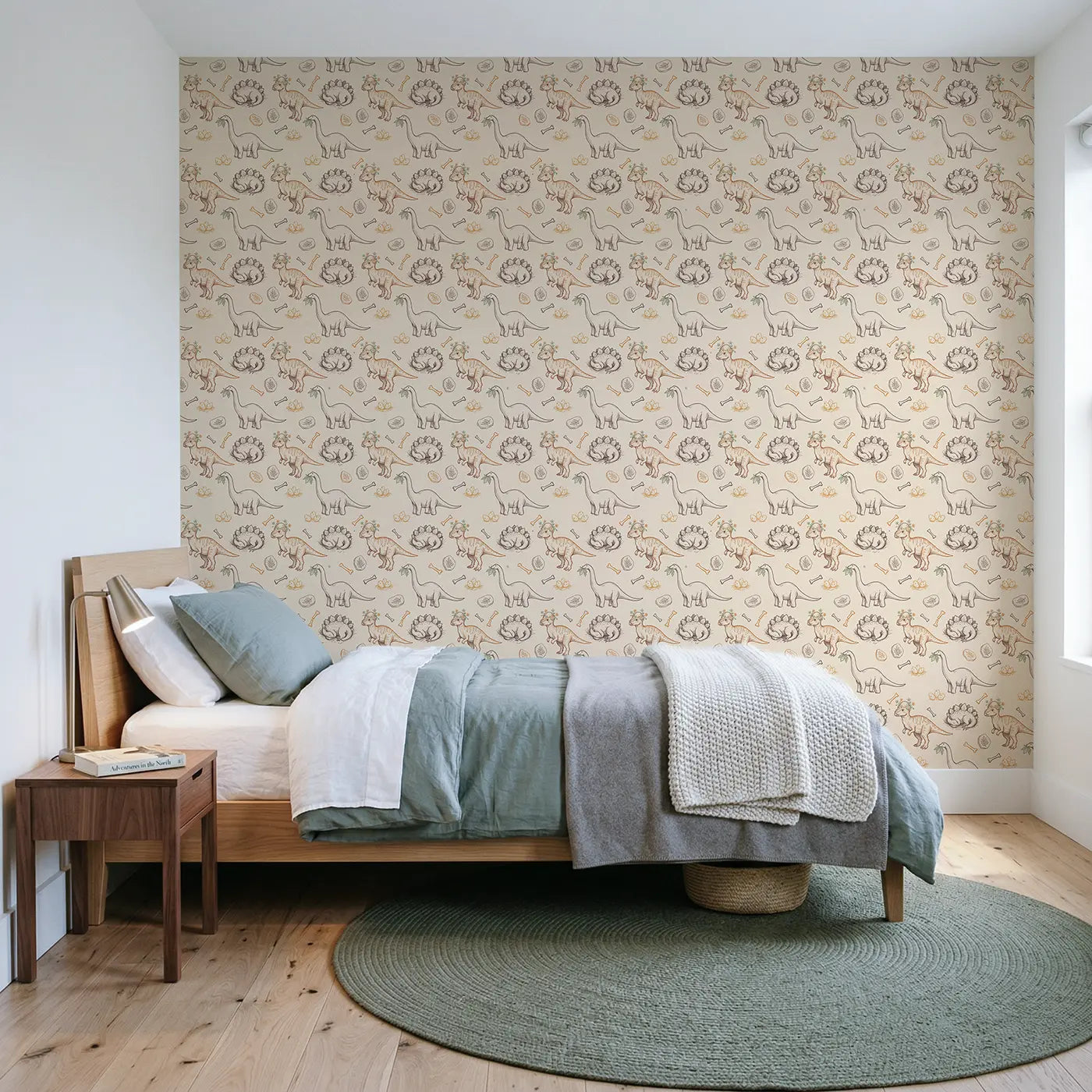 Pachycephalosaurus Flowers Growing Hand-Drawn wallpaper in Scandinavian nursery - Whimsy Tots