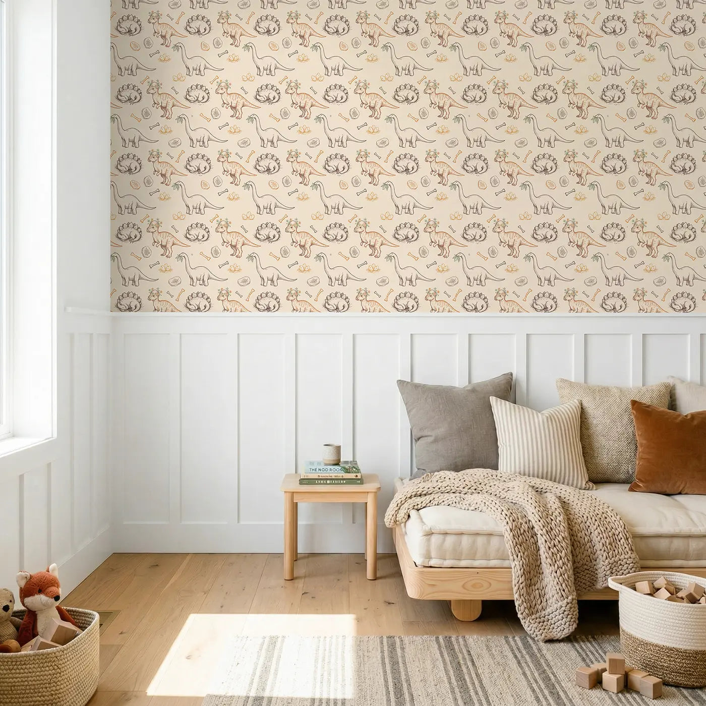 Pachycephalosaurus Flowers Growing Hand-Drawn wallpaper above wainscoting - Whimsy Tots